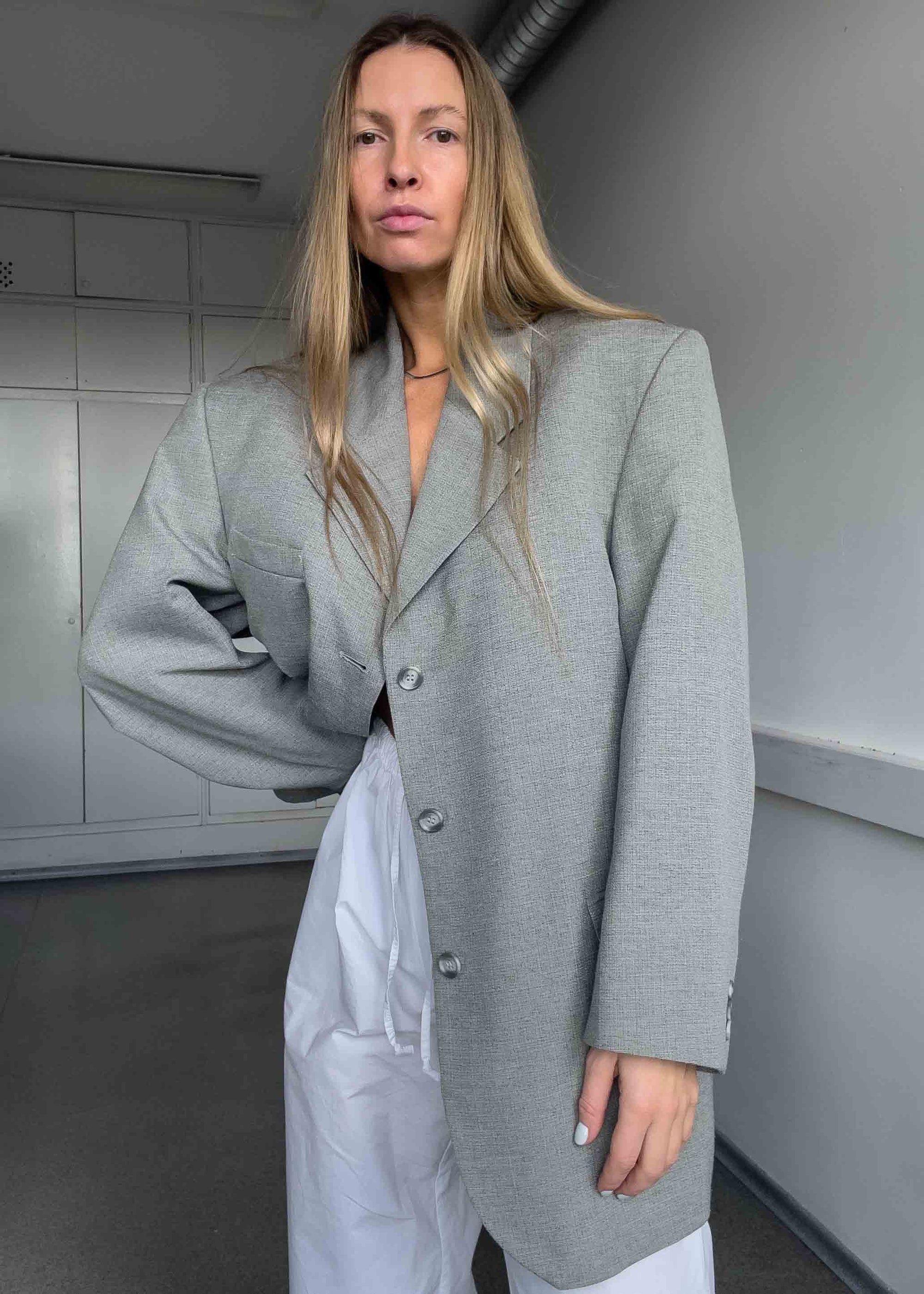 Vintage Light Grey Patterned Oversized Blazer