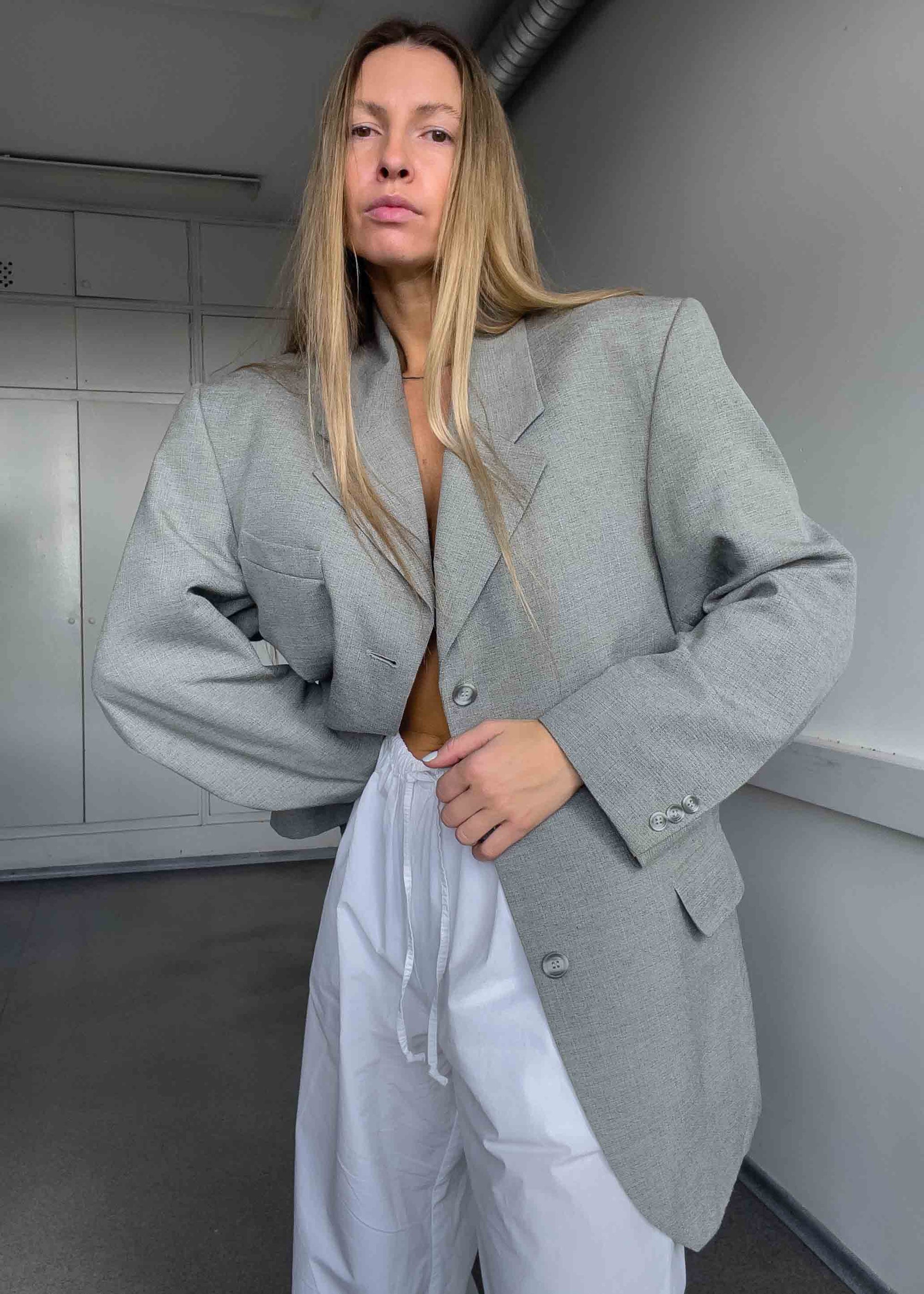 Vintage Light Grey Patterned Oversized Blazer
