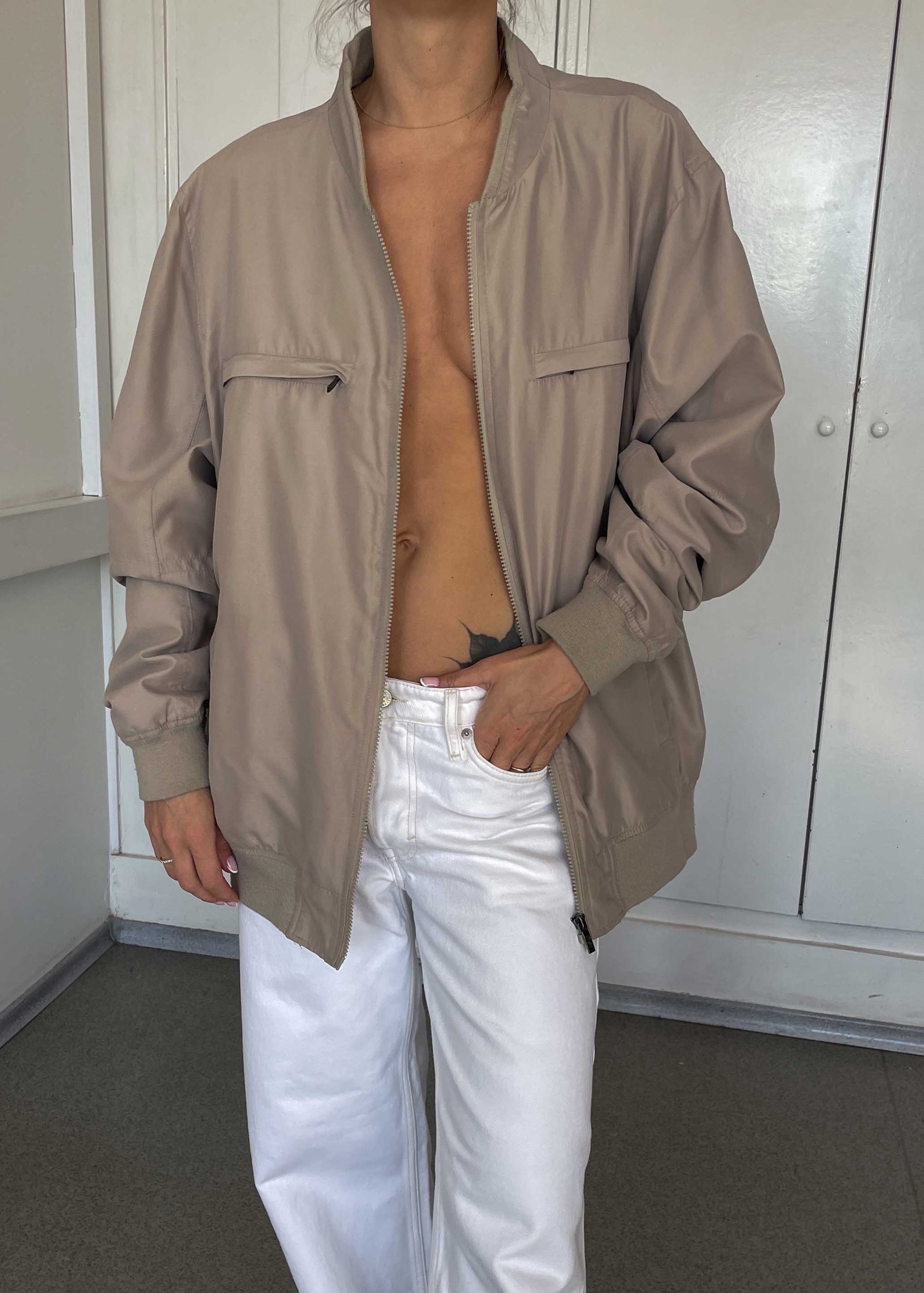 Vintage Grey Minimalist Bomber Jacket – Zipper and Stripped Lining