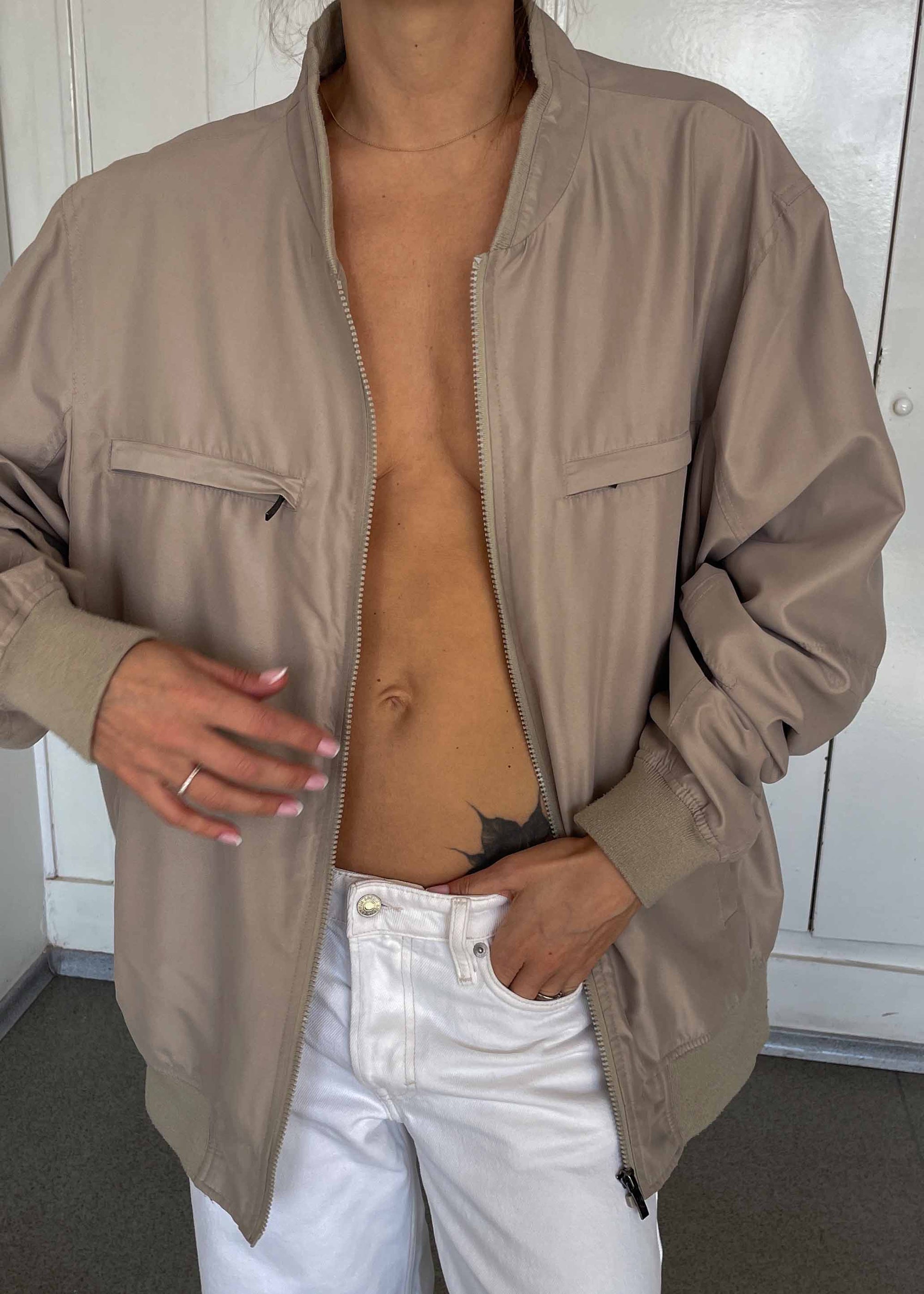 Vintage Grey Minimalist Bomber Jacket – Zipper and Stripped Lining