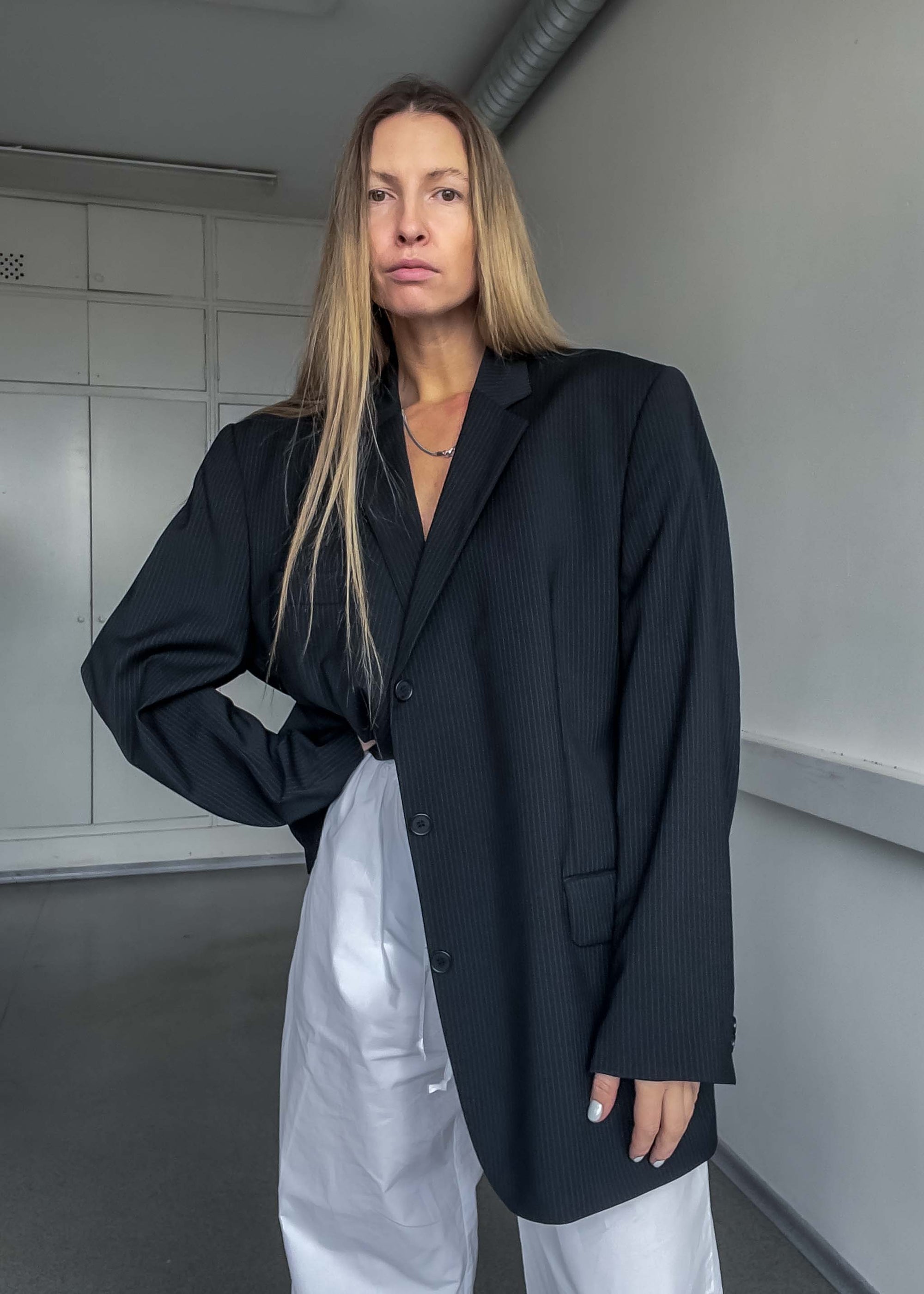 Vintage Black Striped Oversized Blazer