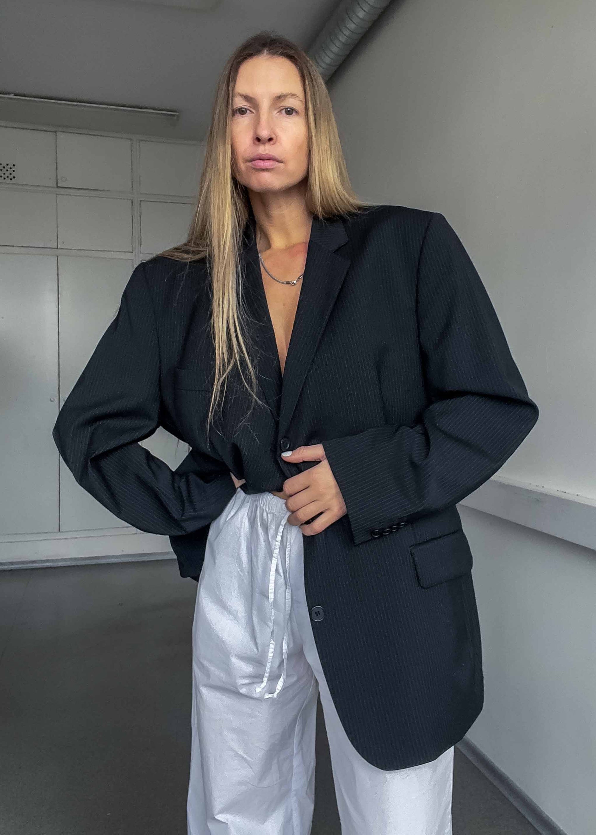 Vintage Black Striped Oversized Blazer