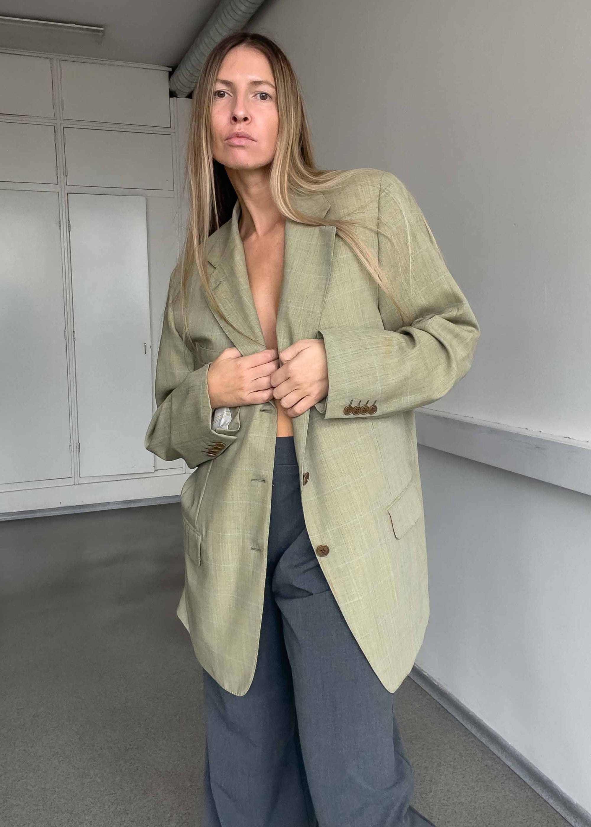 Vintage Green Checked Oversized Blazer