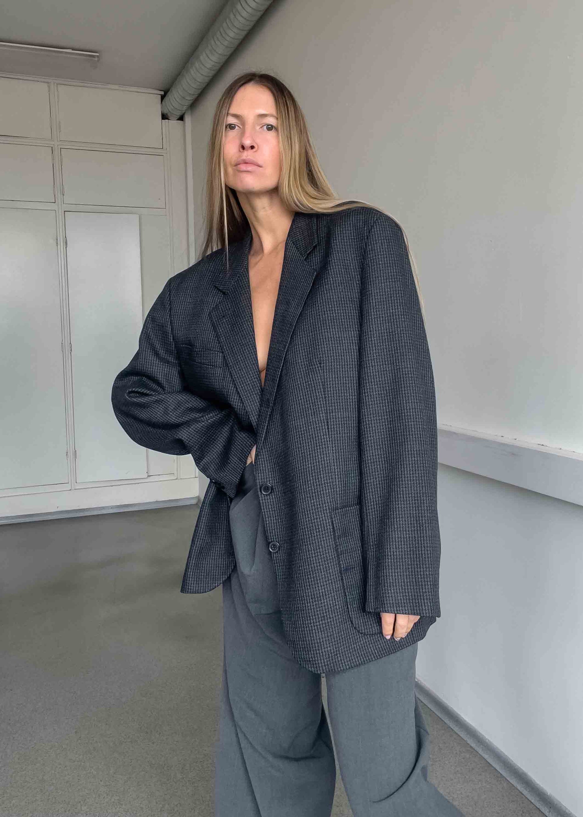 Vintage Grey Checked Oversized Blazer