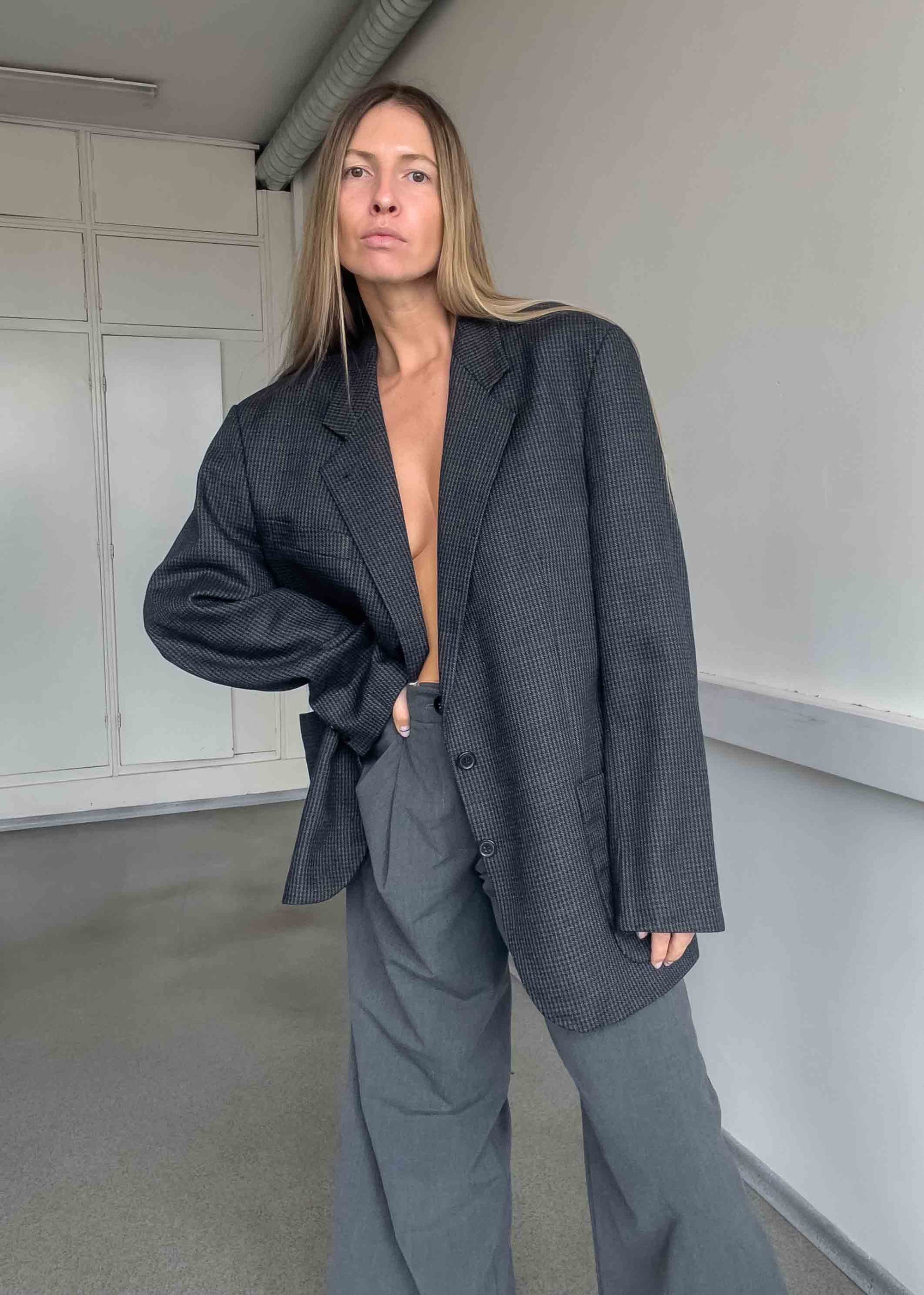 Vintage Grey Checked Oversized Blazer