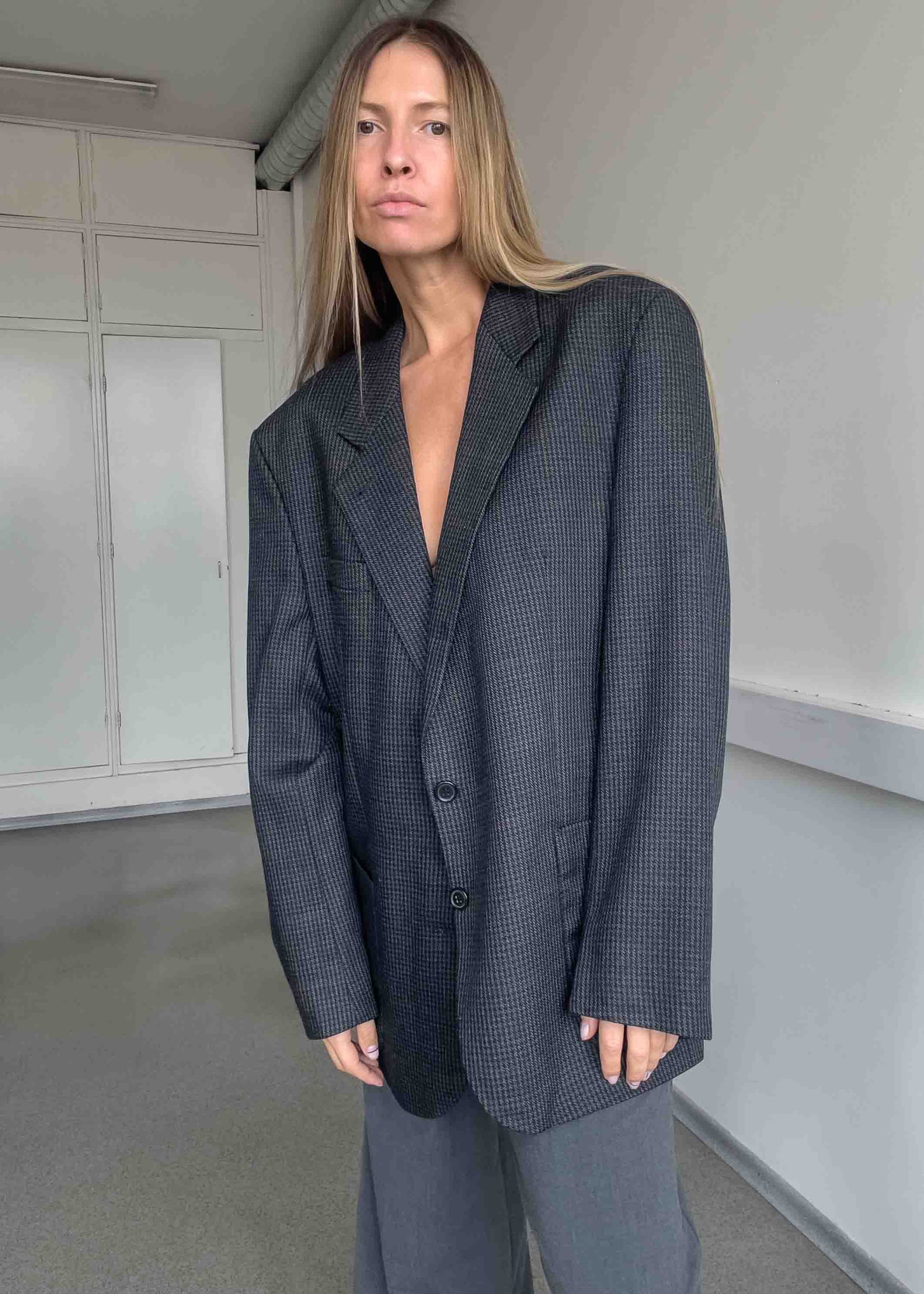 Vintage Grey Checked Oversized Blazer