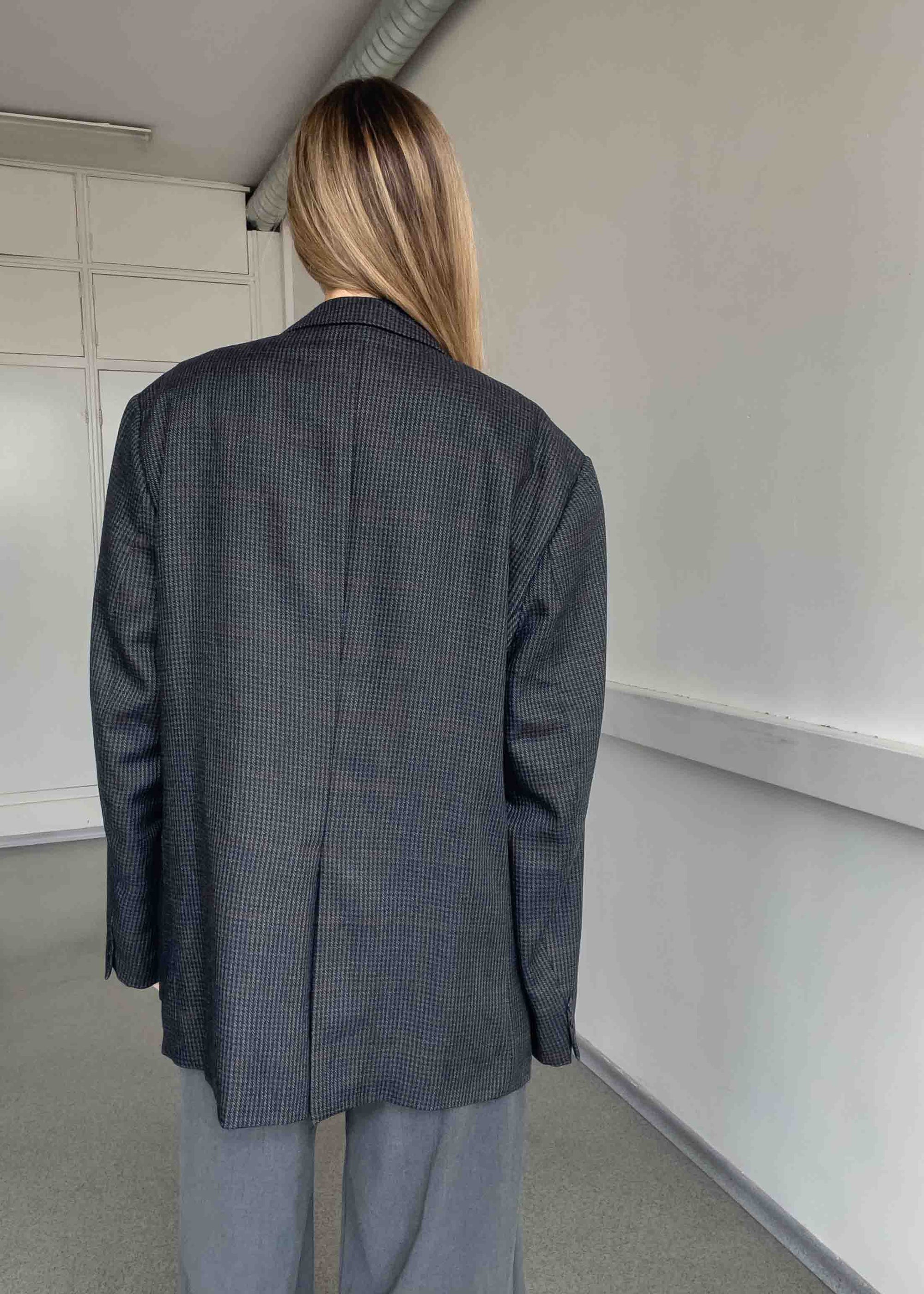 Vintage Grey Checked Oversized Blazer