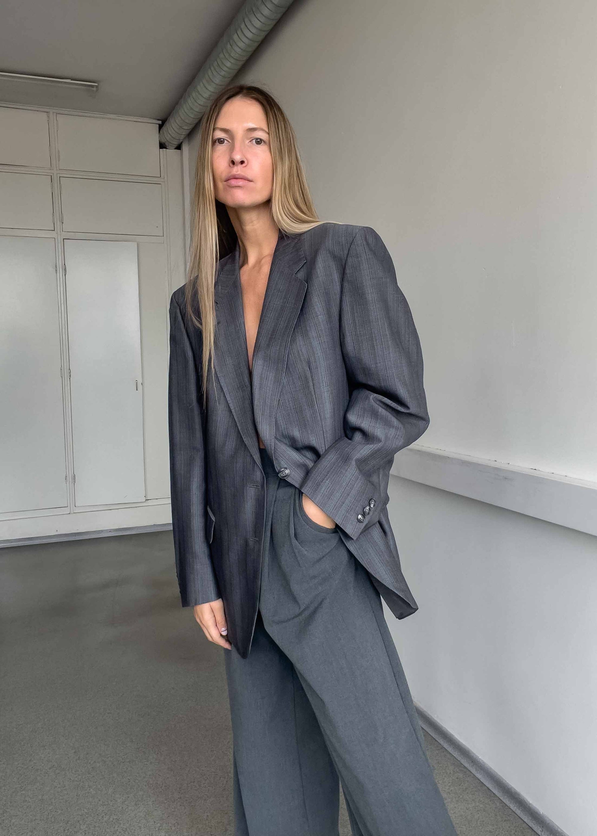 Vintage Grey Stripy Oversized Blazer