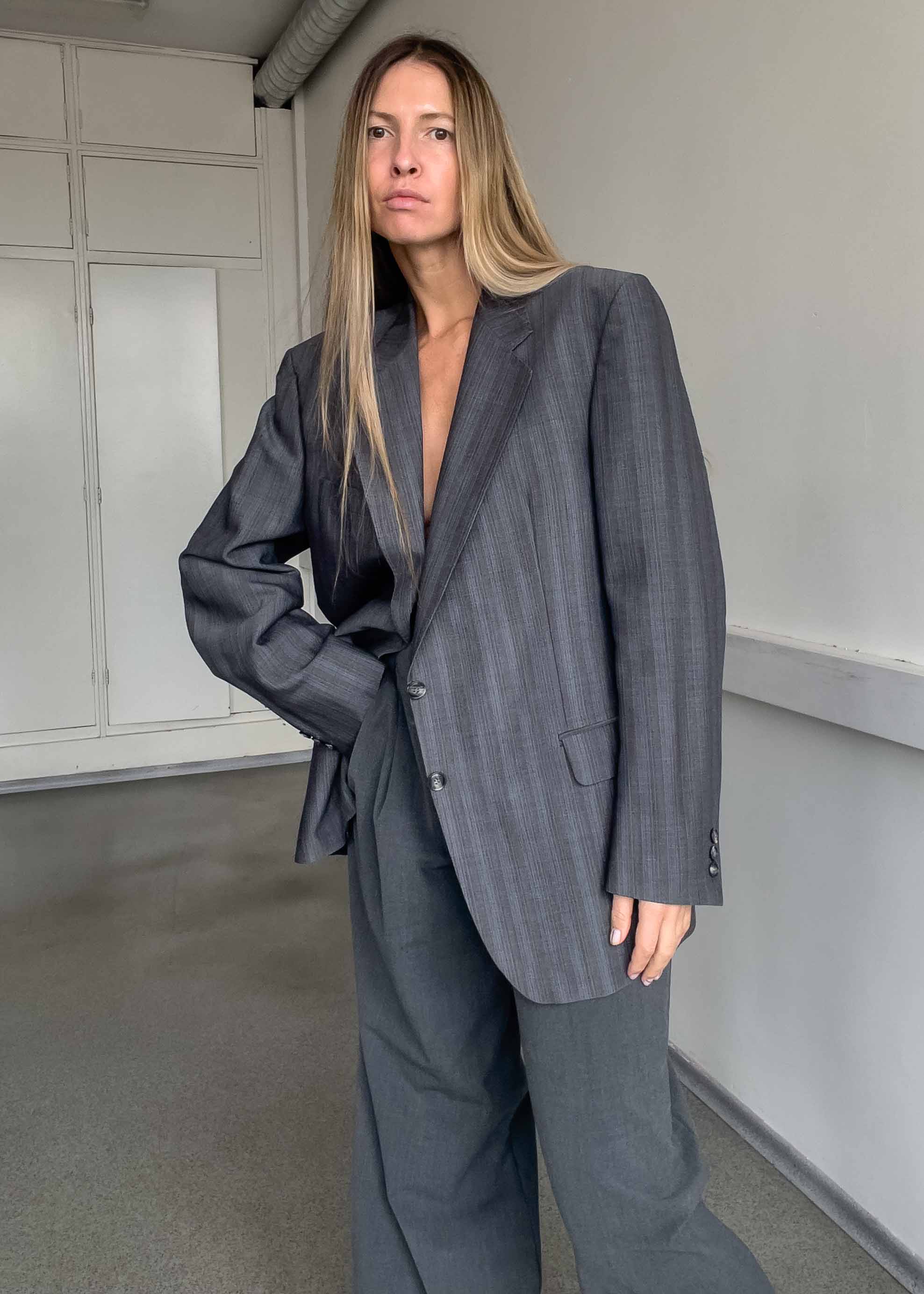 Vintage Grey Stripy Oversized Blazer