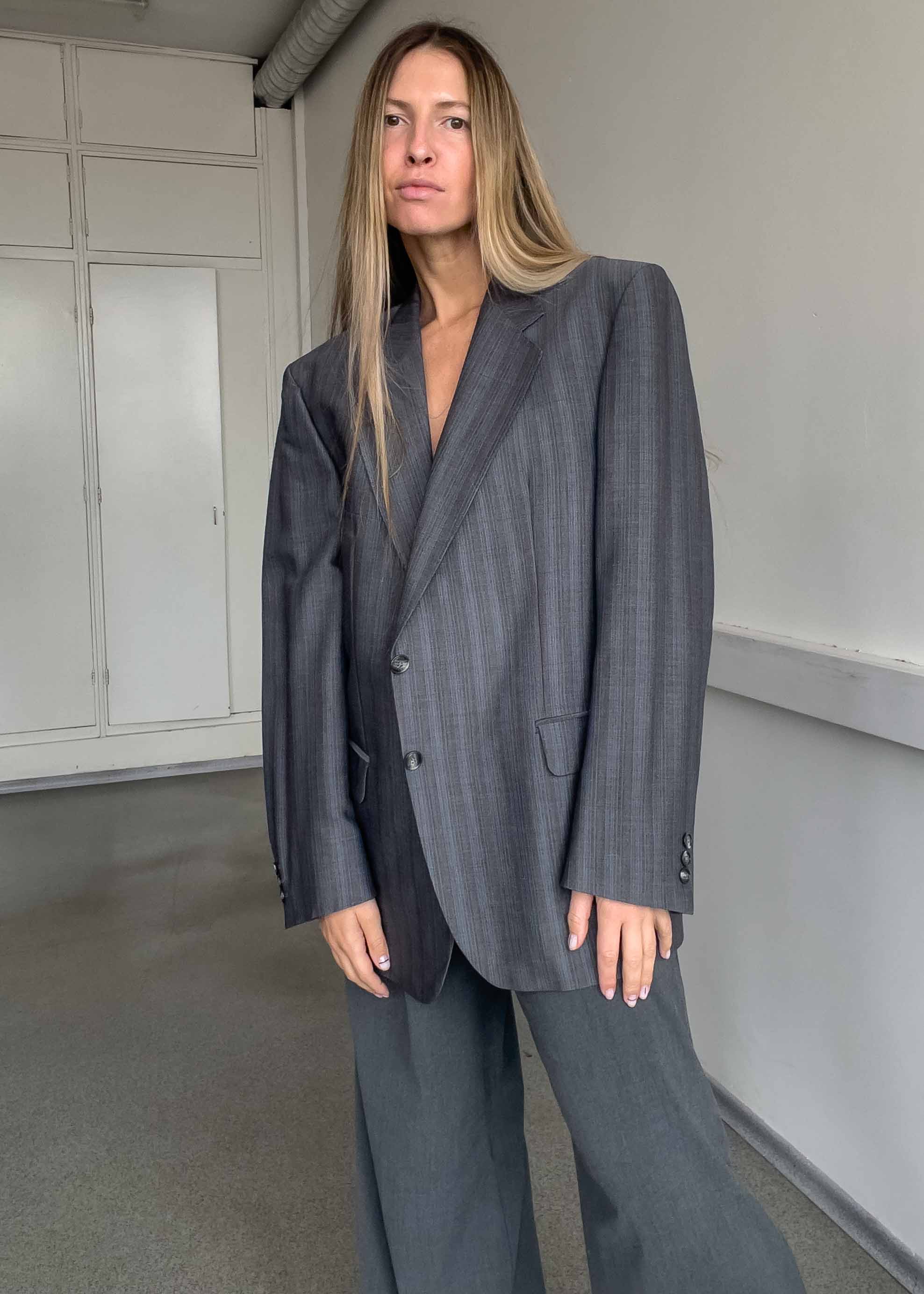 Vintage Grey Stripy Oversized Blazer