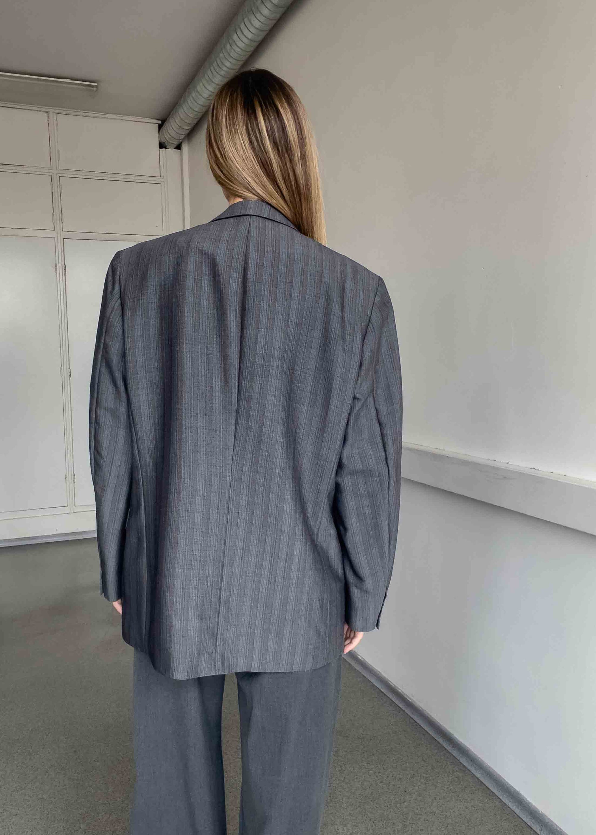 Vintage Grey Stripy Oversized Blazer