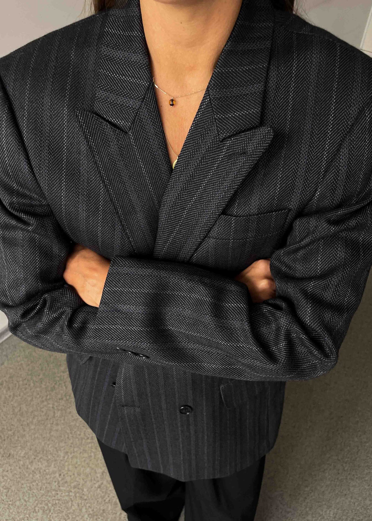 Vintage Grey Stripped Oversized Double Breasted Blazer
