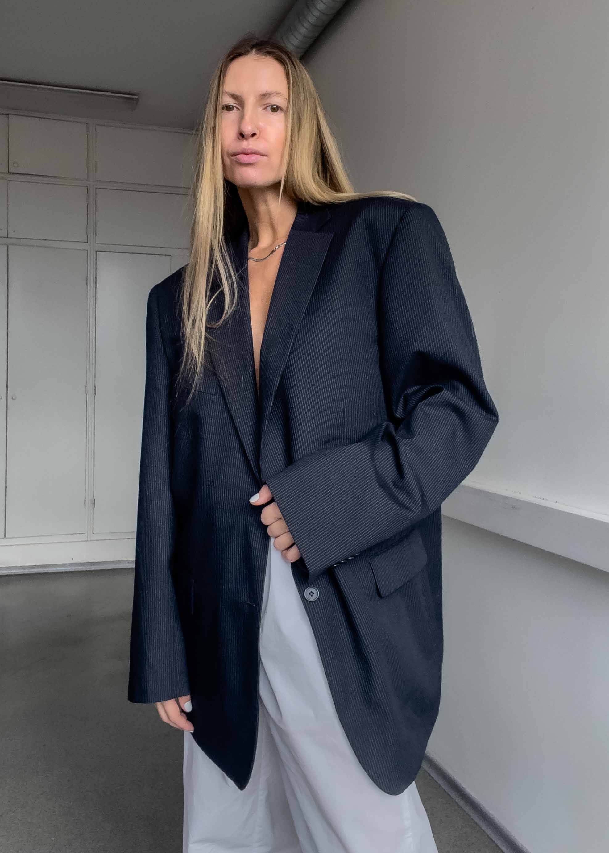 Vintage Navy Blue Striped Oversized Blazer