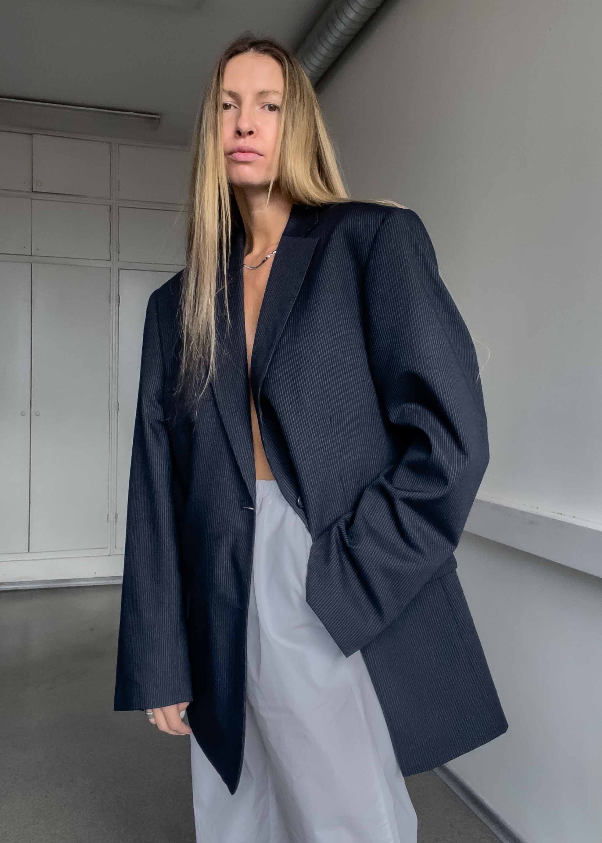 Vintage Navy Blue Striped Oversized Blazer