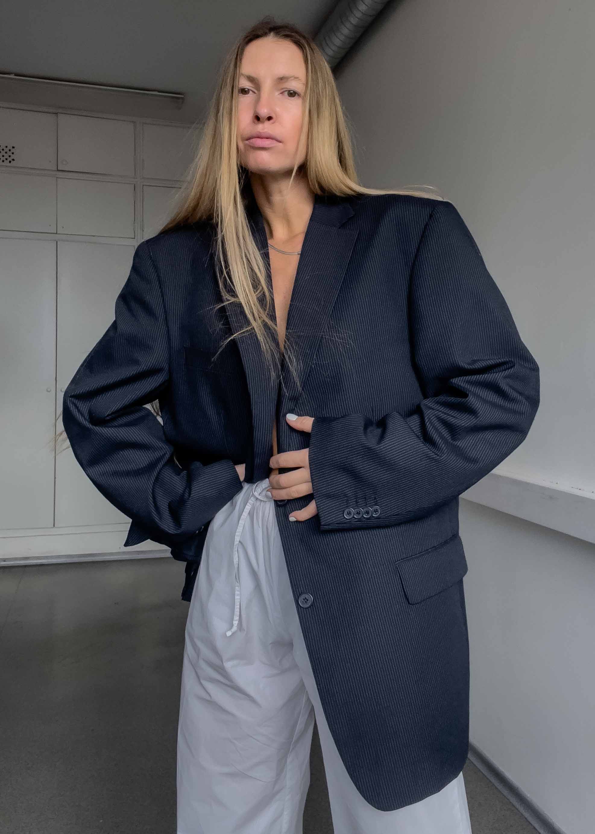 Vintage Navy Blue Striped Oversized Blazer