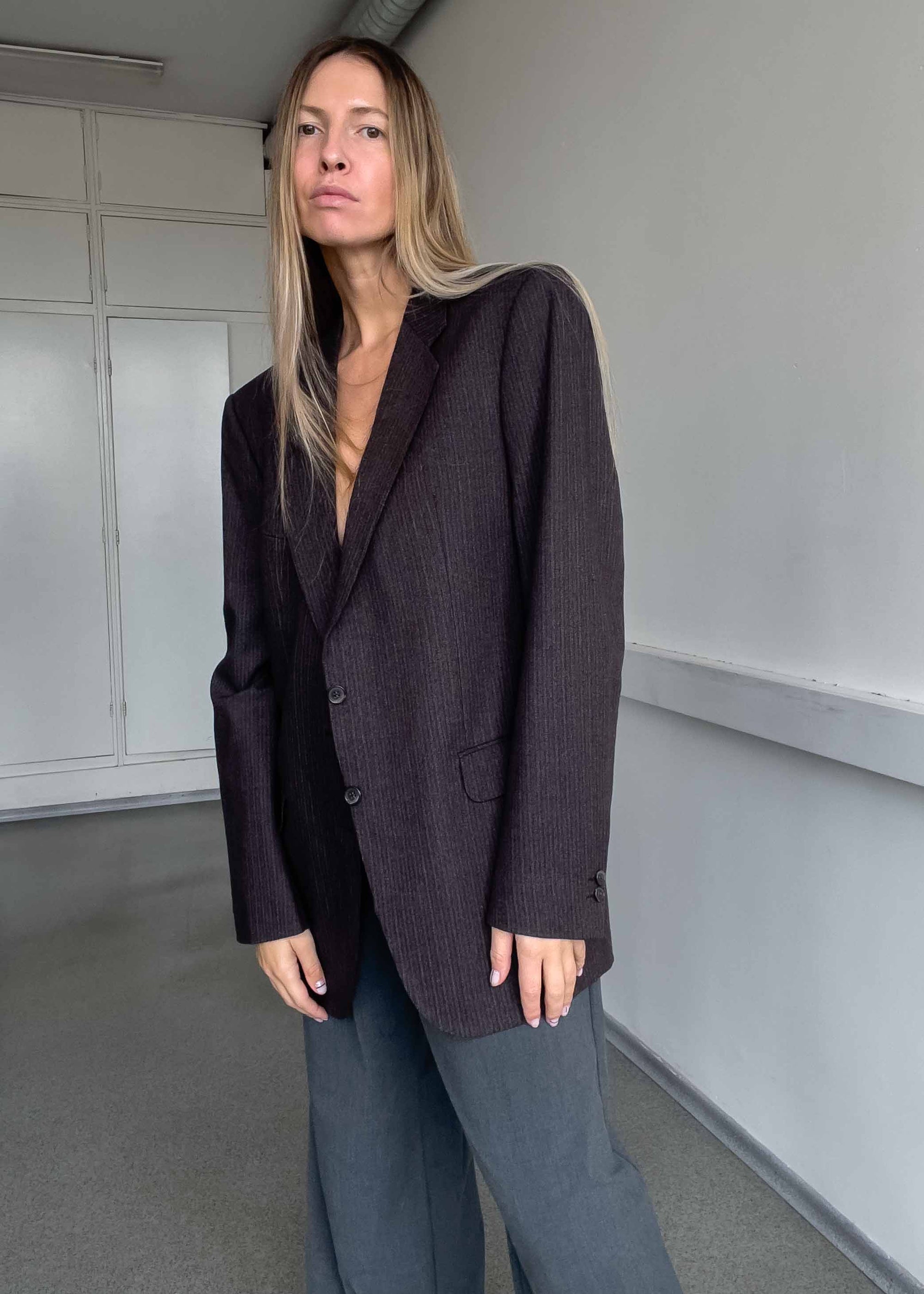 Vintage Brown Stripy Oversized Blazer