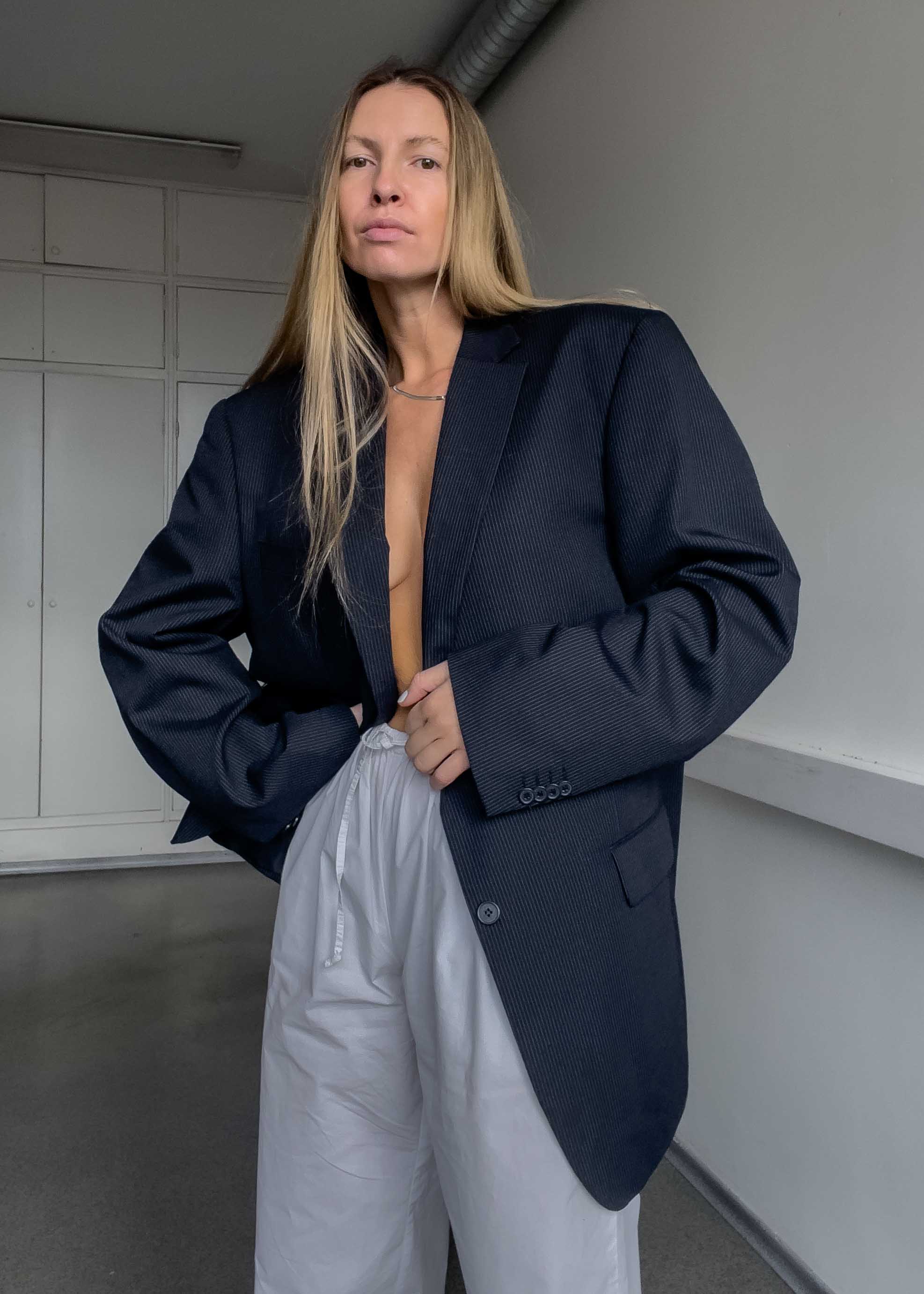 Vintage Navy Blue Striped Oversized Blazer