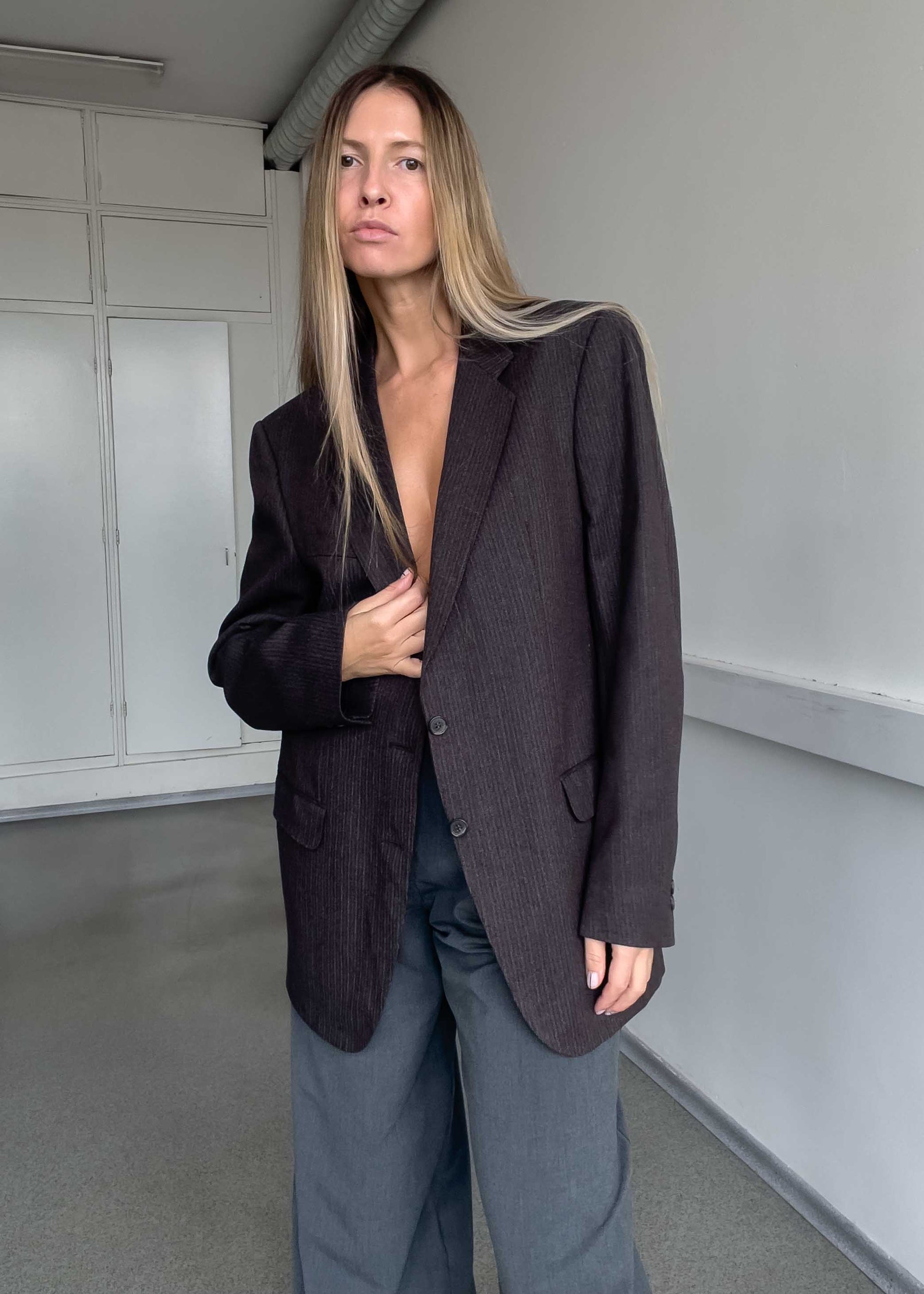 Vintage Brown Stripy Oversized Blazer