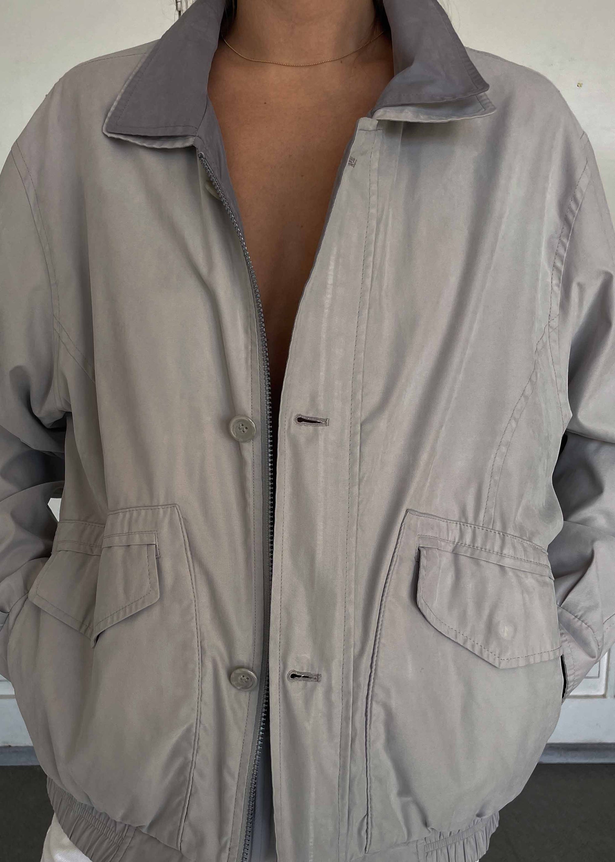 Vintage Grey Bomber Jacket – Zip & Buttons with Double Collar