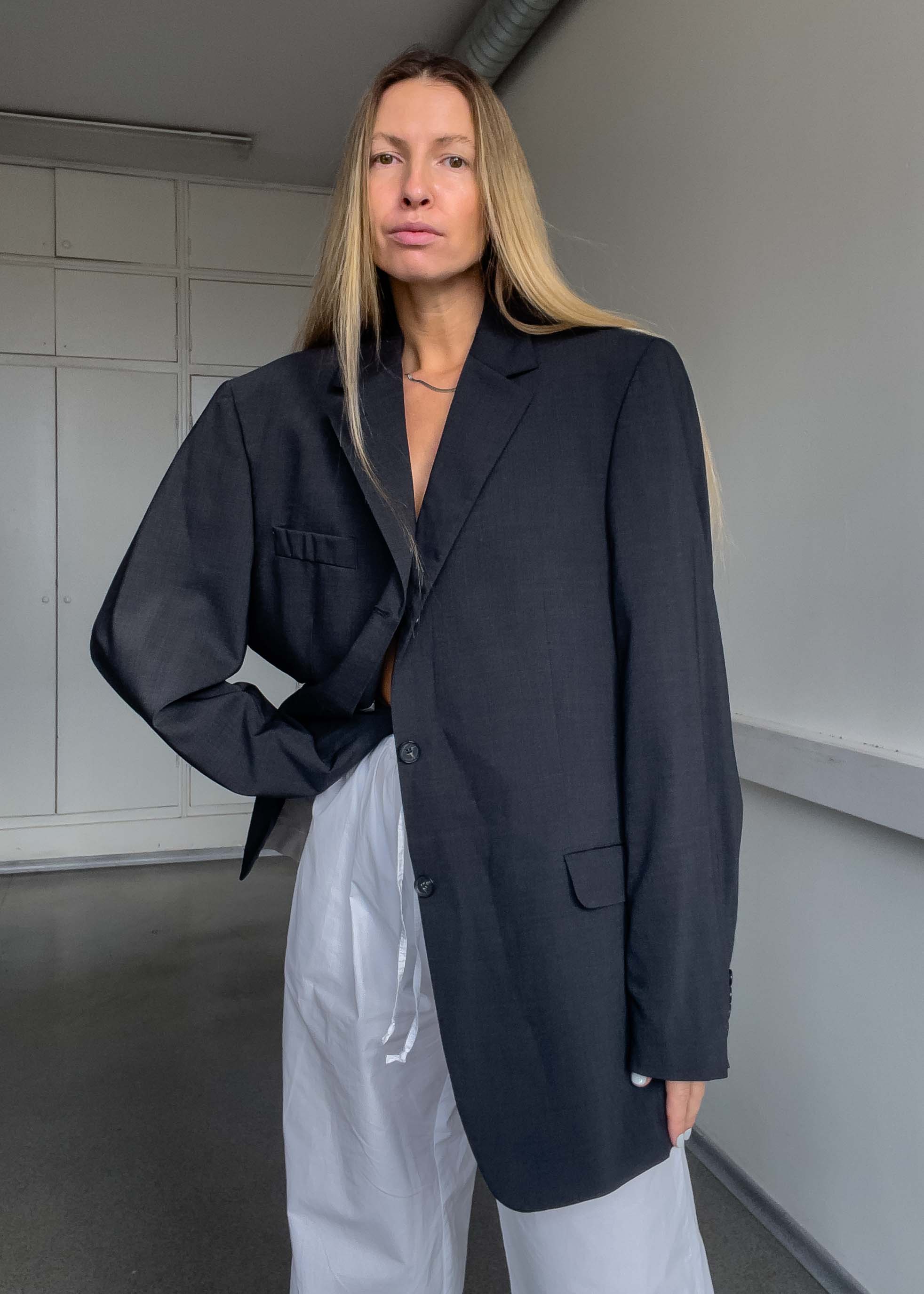 Vintage Dark Grey Checked Oversized 100% WOOL Blazer