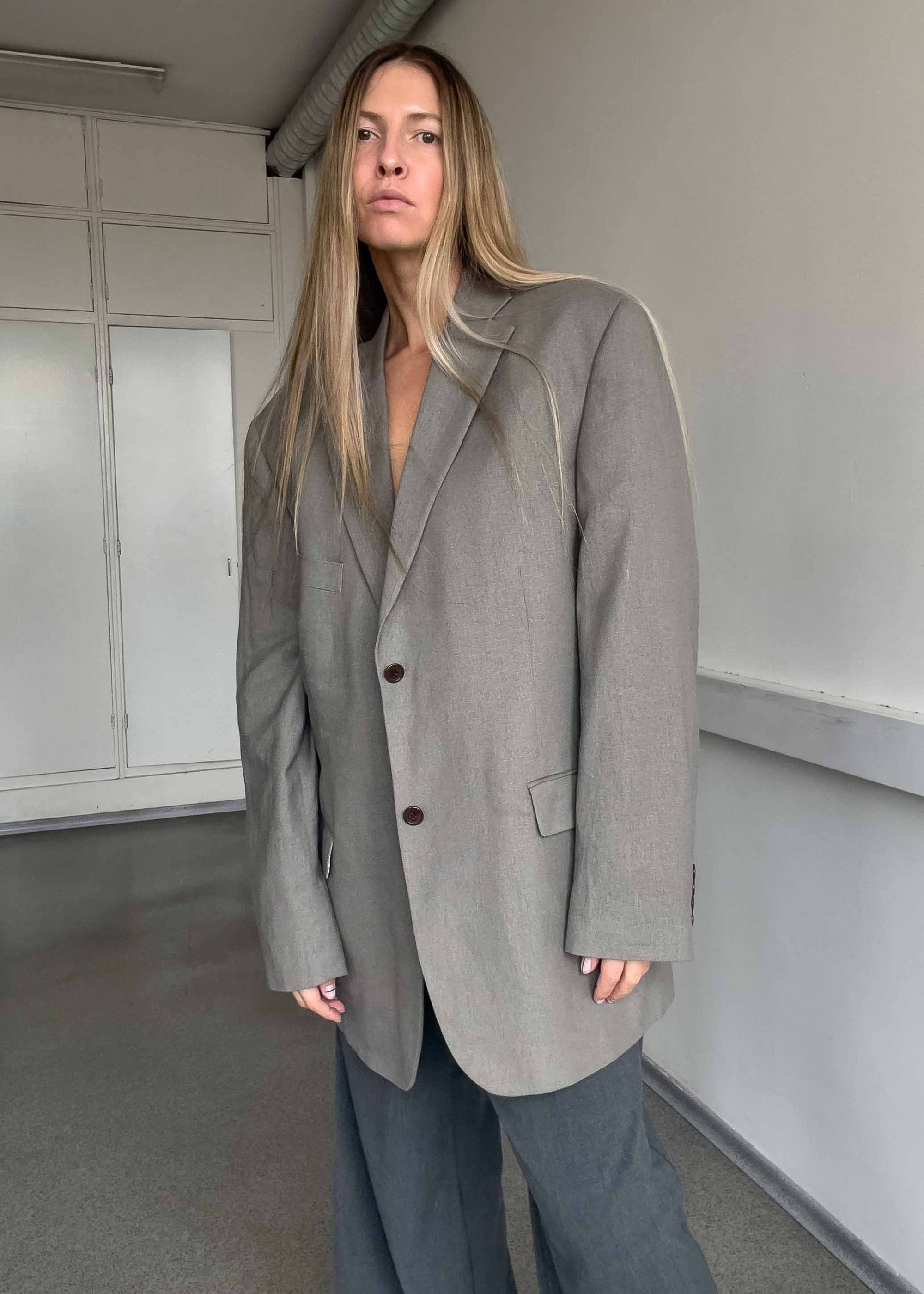 Vintage Grey Oversized Linen Blazer