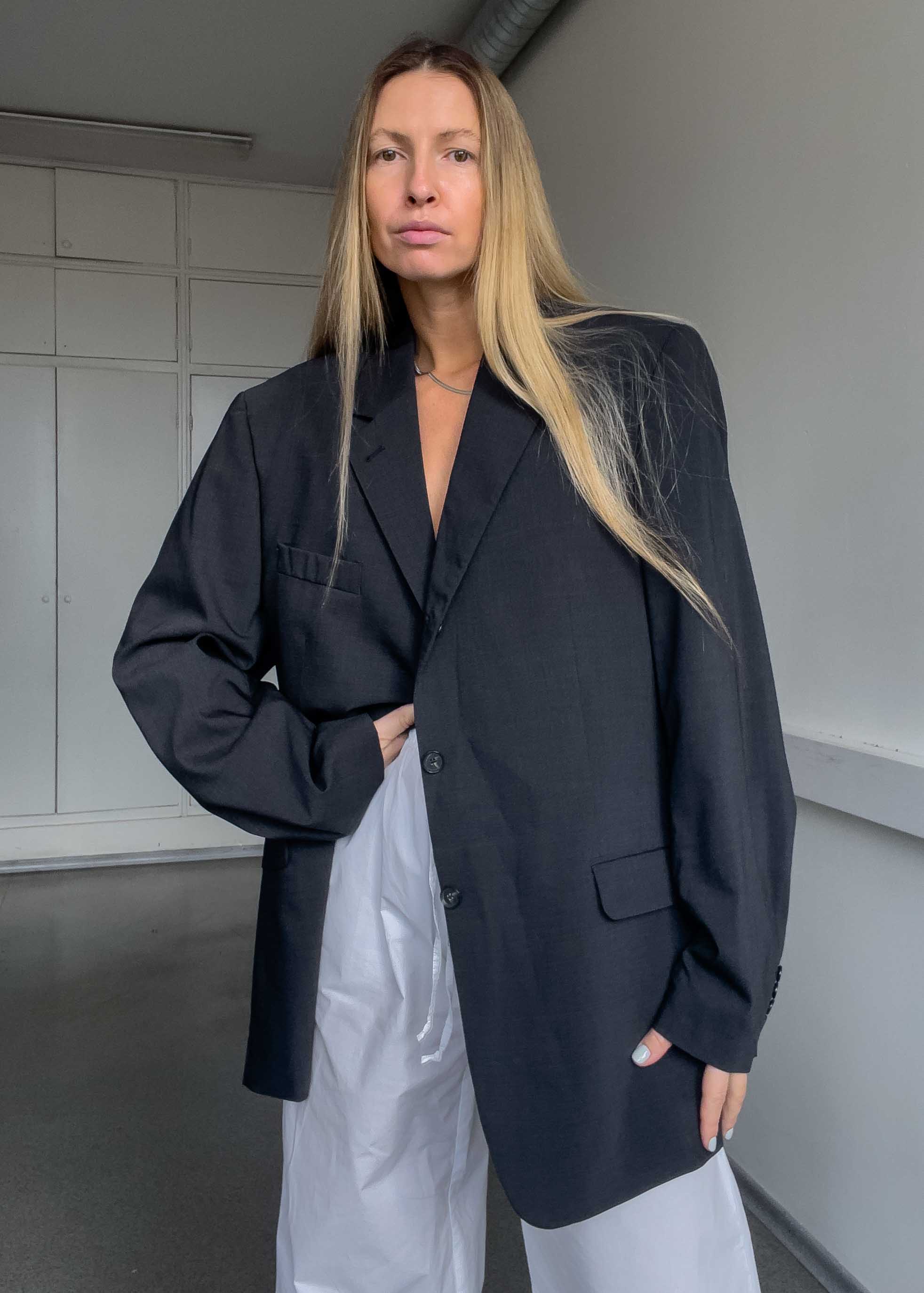 Vintage Dark Grey Checked Oversized 100% WOOL Blazer