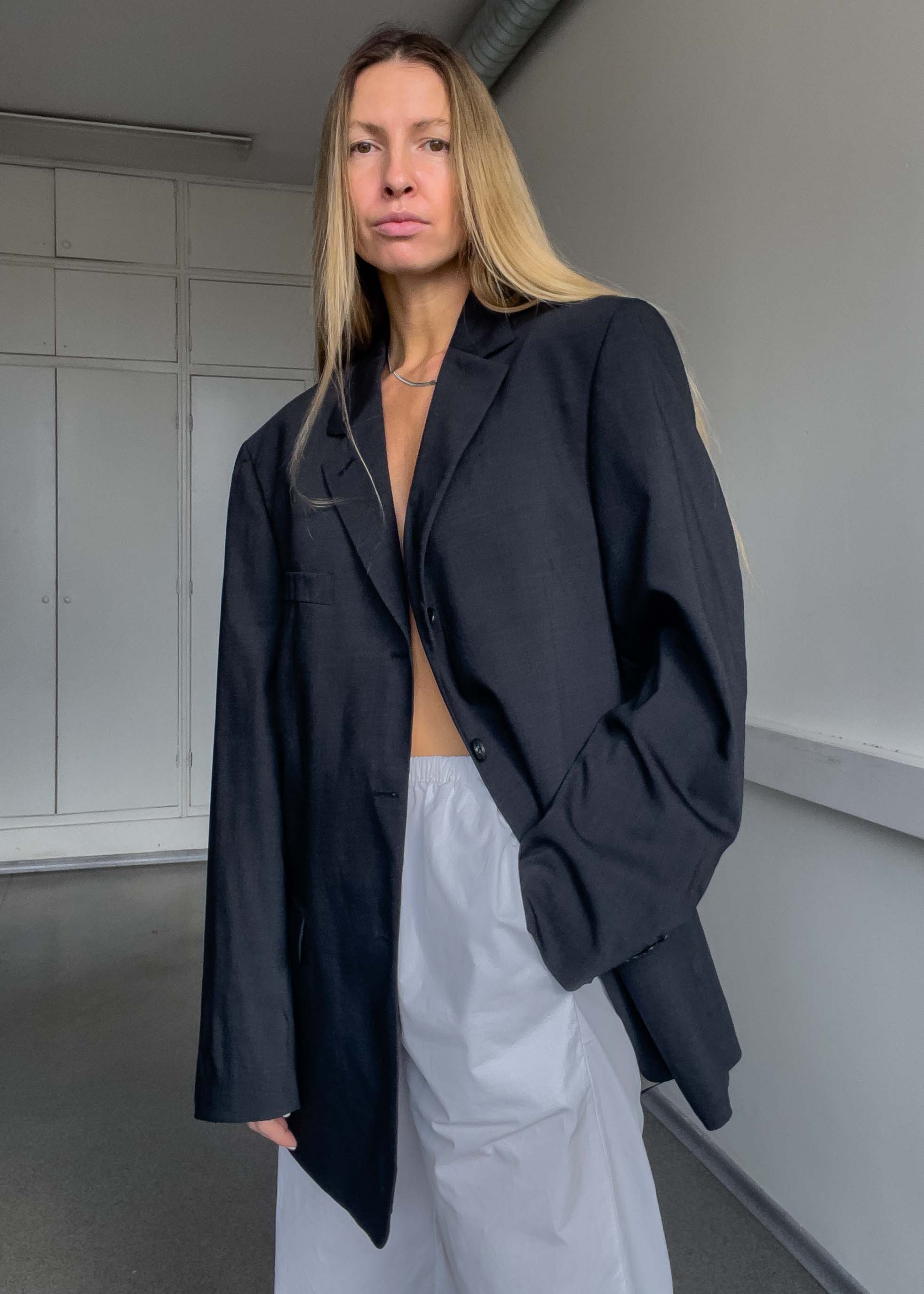 Vintage Dark Grey Checked Oversized 100% WOOL Blazer