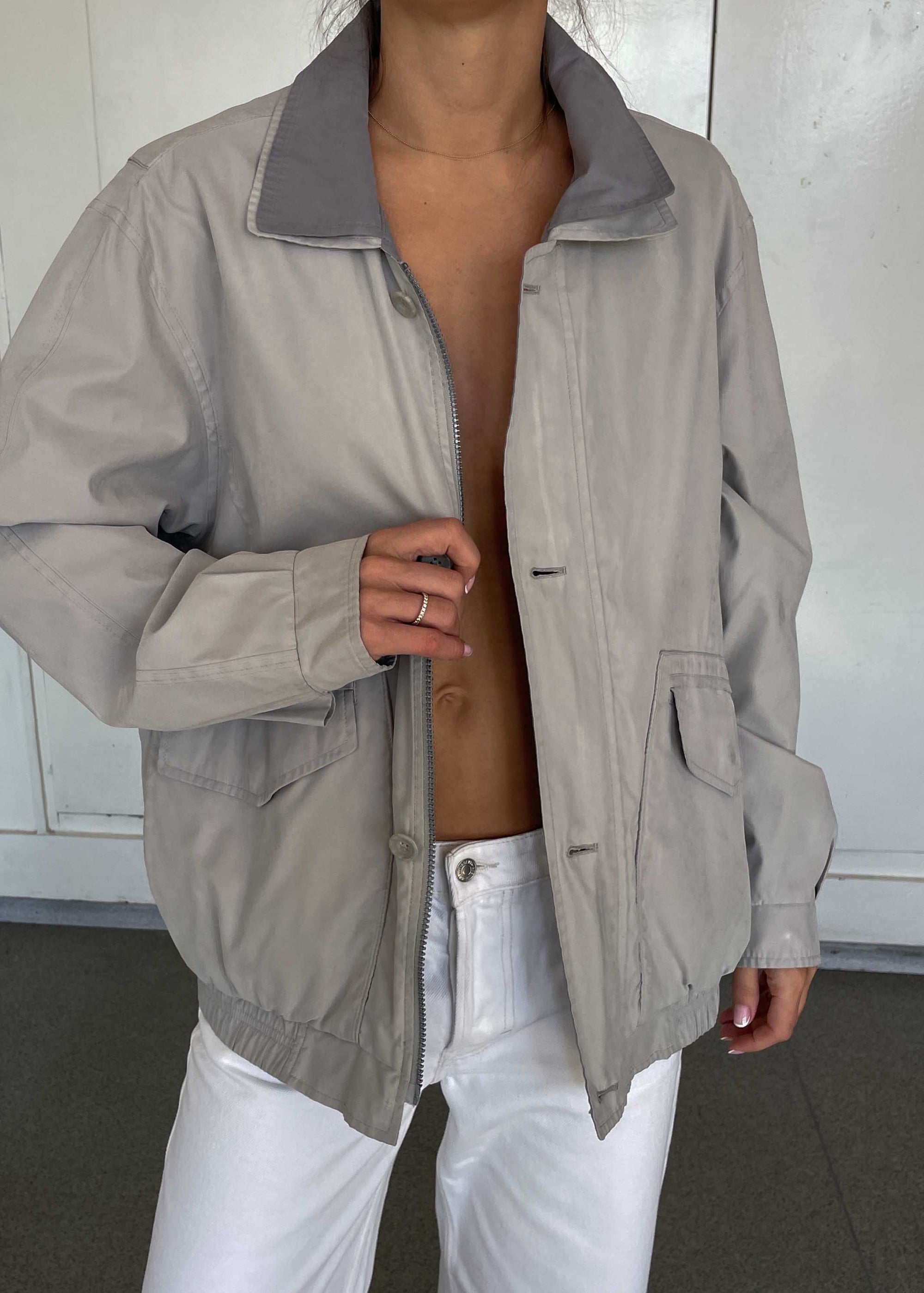 Vintage Grey Bomber Jacket – Zip & Buttons with Double Collar