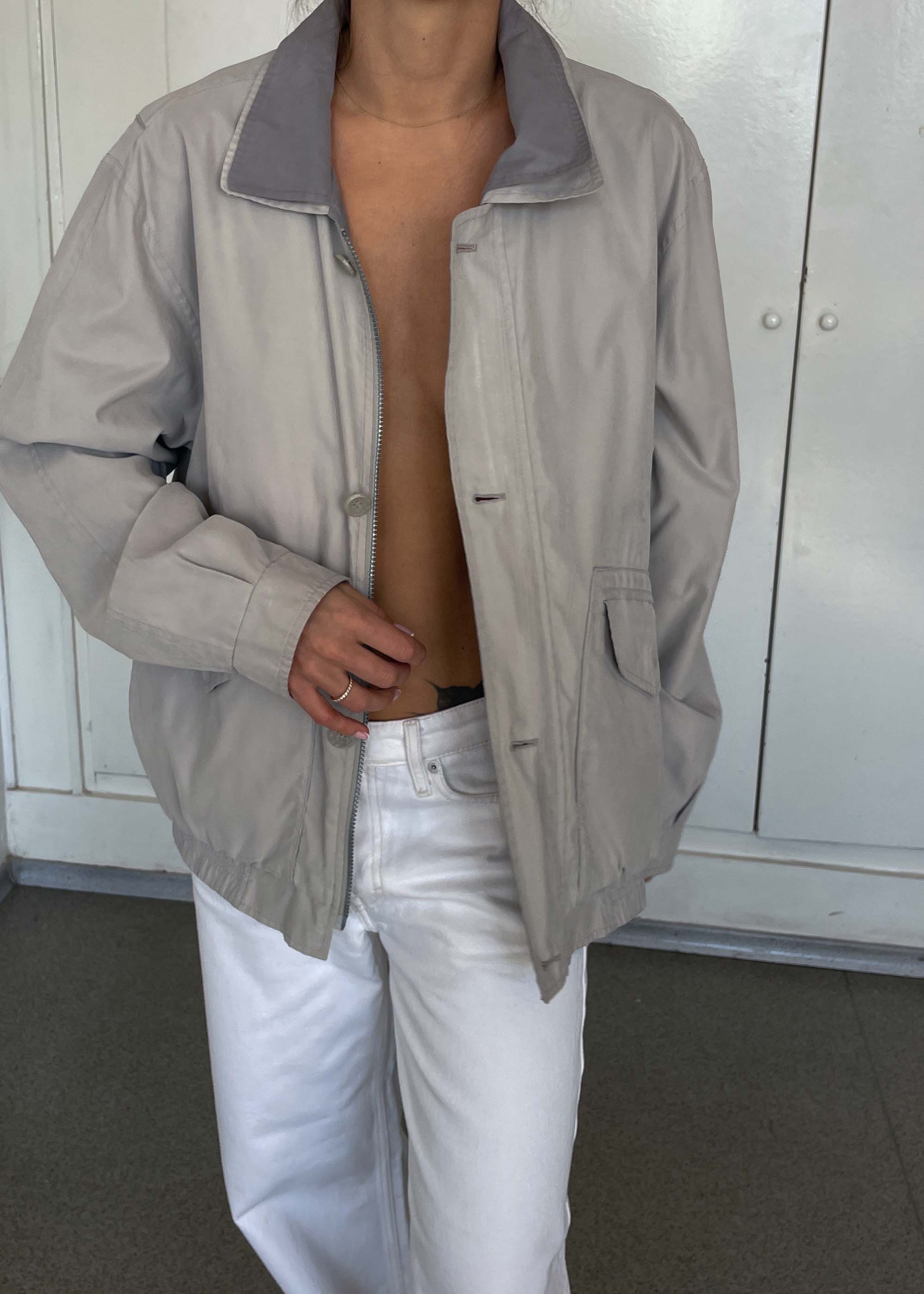 Vintage Grey Bomber Jacket – Zip & Buttons with Double Collar