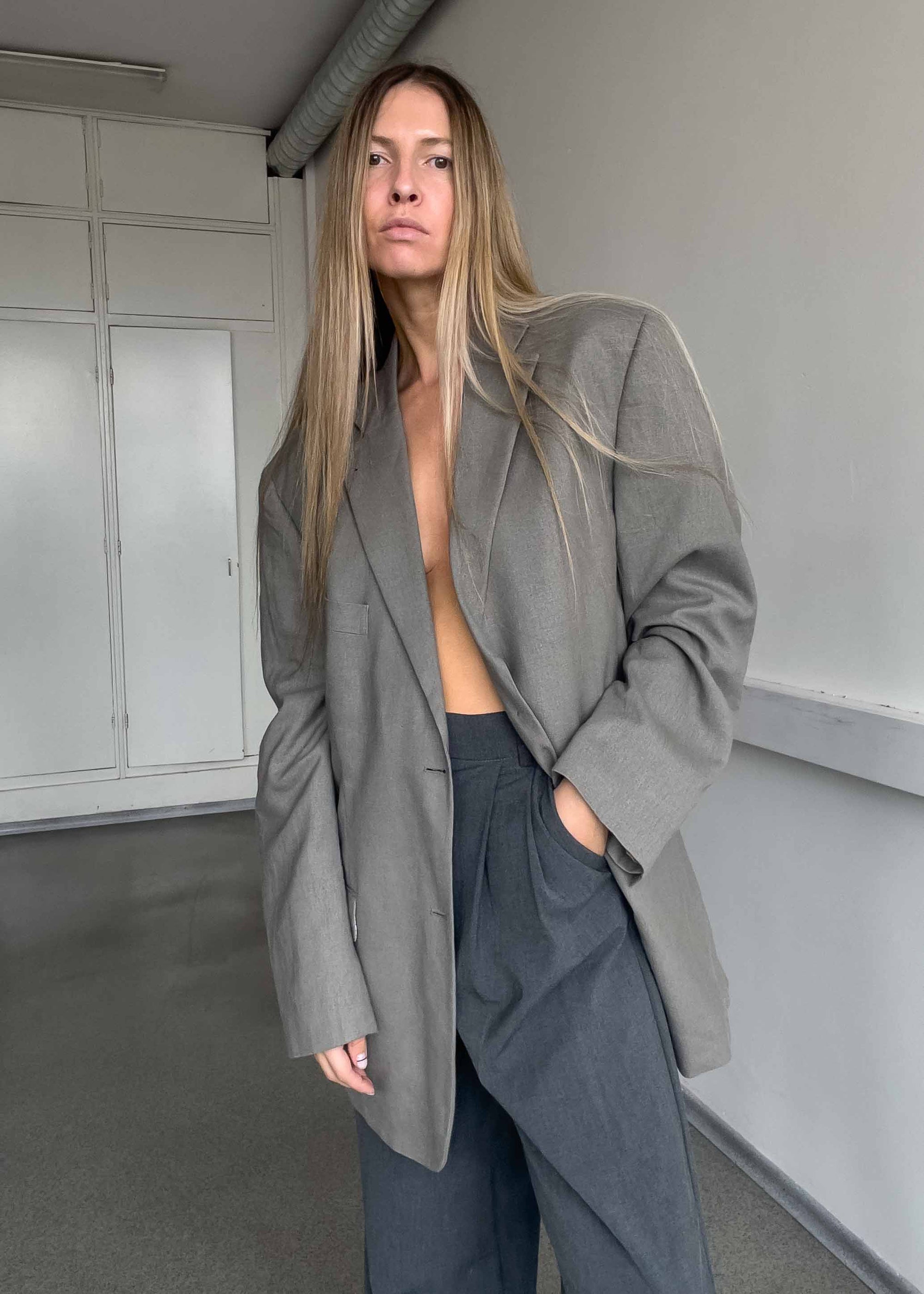 Vintage Grey Oversized Linen Blazer