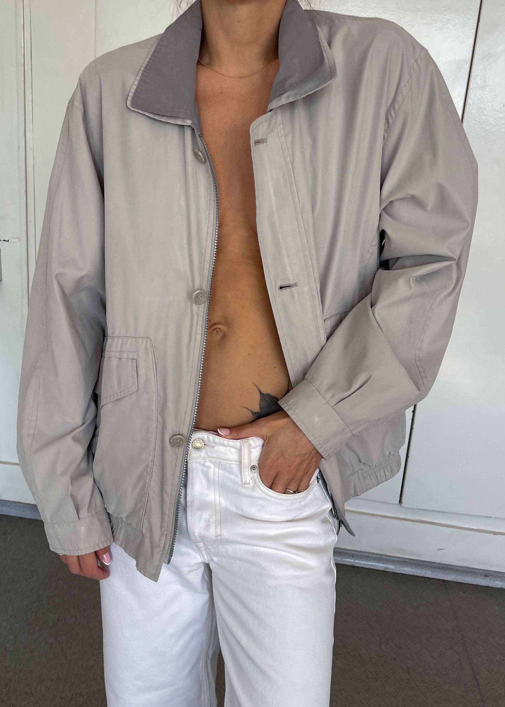 Vintage Grey Bomber Jacket – Zip & Buttons with Double Collar