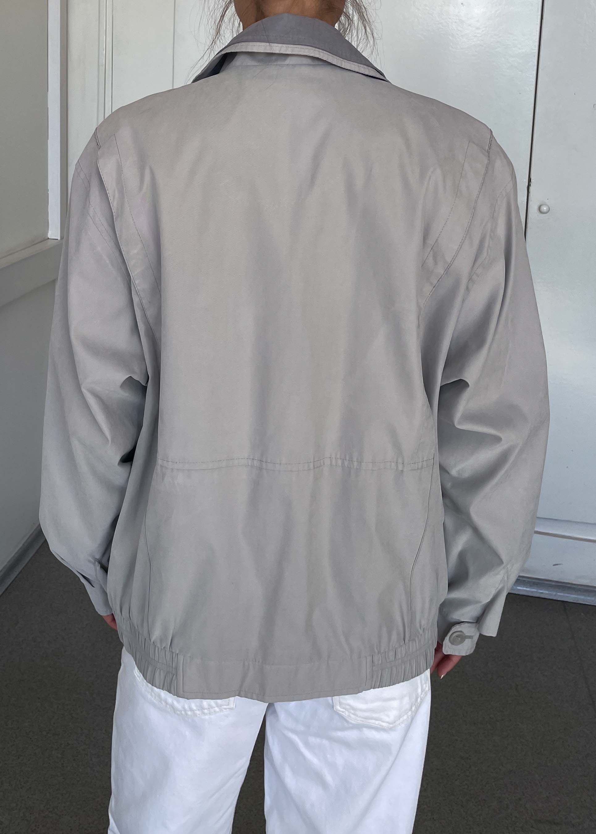Vintage Grey Bomber Jacket – Zip & Buttons with Double Collar