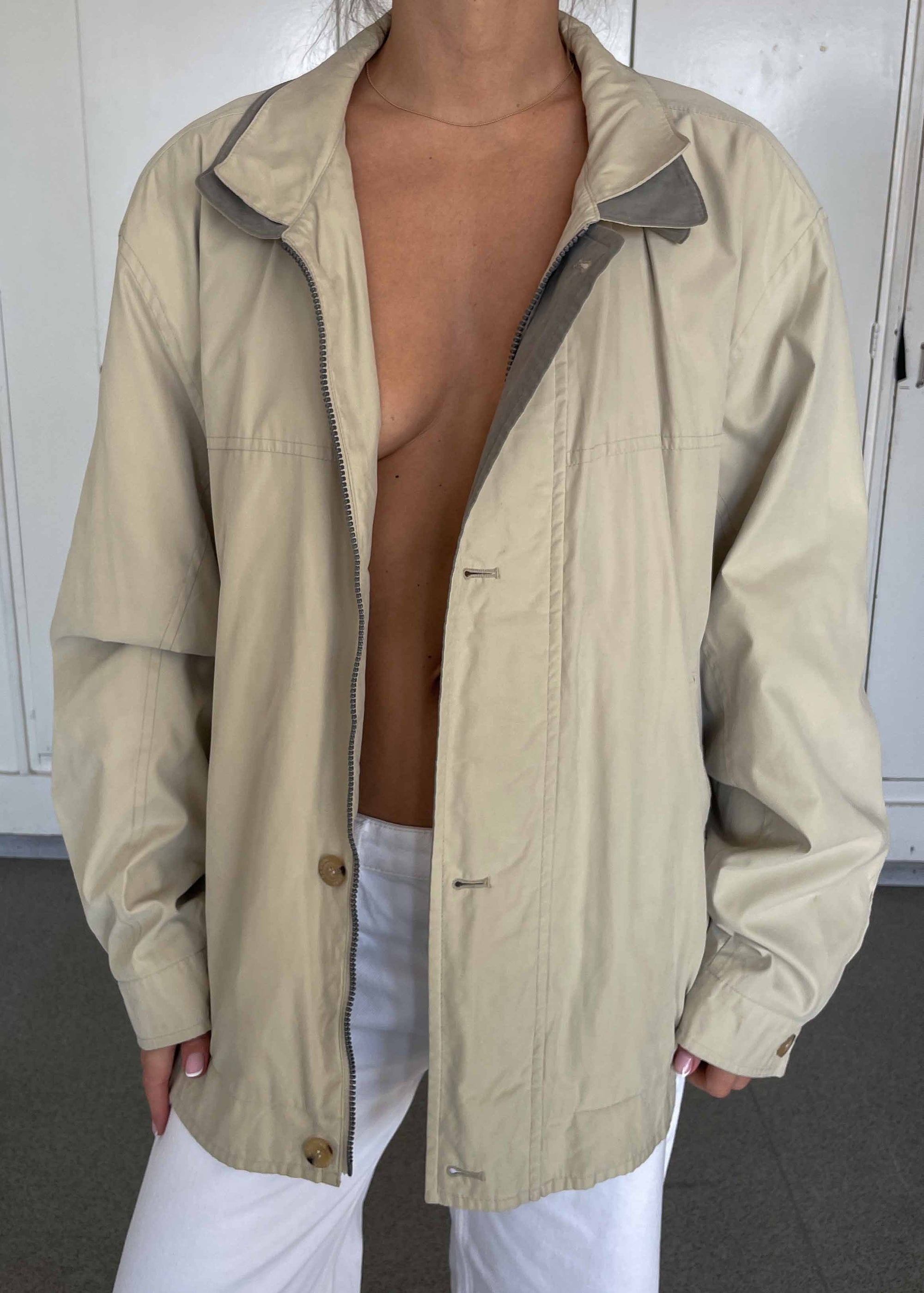 Vintage Beige-Khaki Bomber Jacket – Zip & Buttons with Double Collar