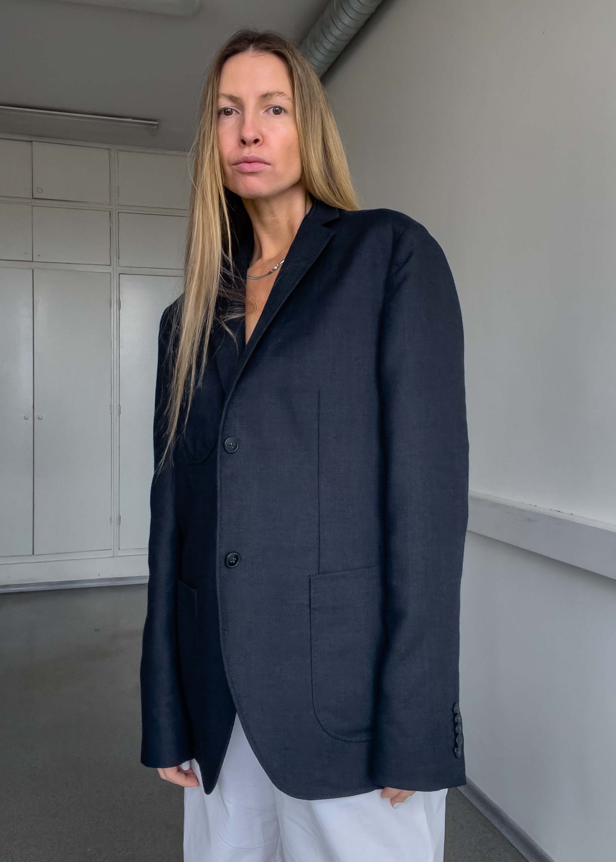 Vintage Faded Black Brushed Wool Oversized Blazer