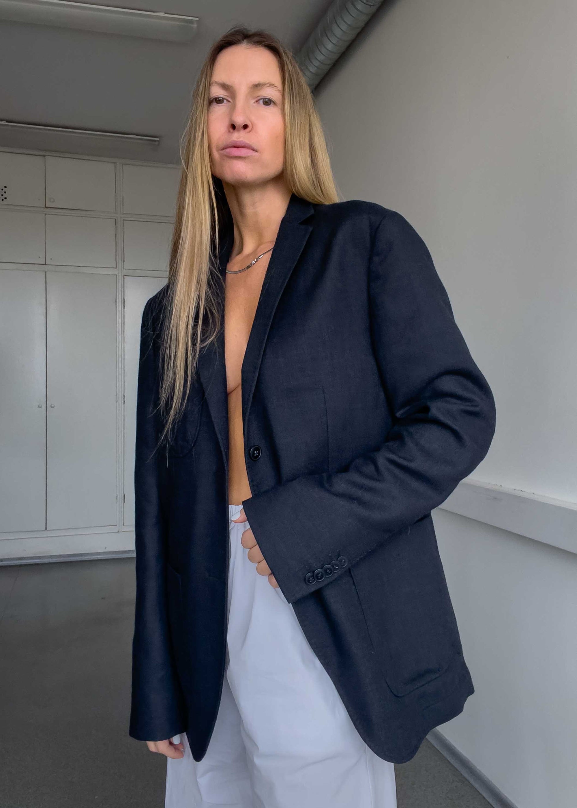 Vintage Faded Black Brushed Wool Oversized Blazer