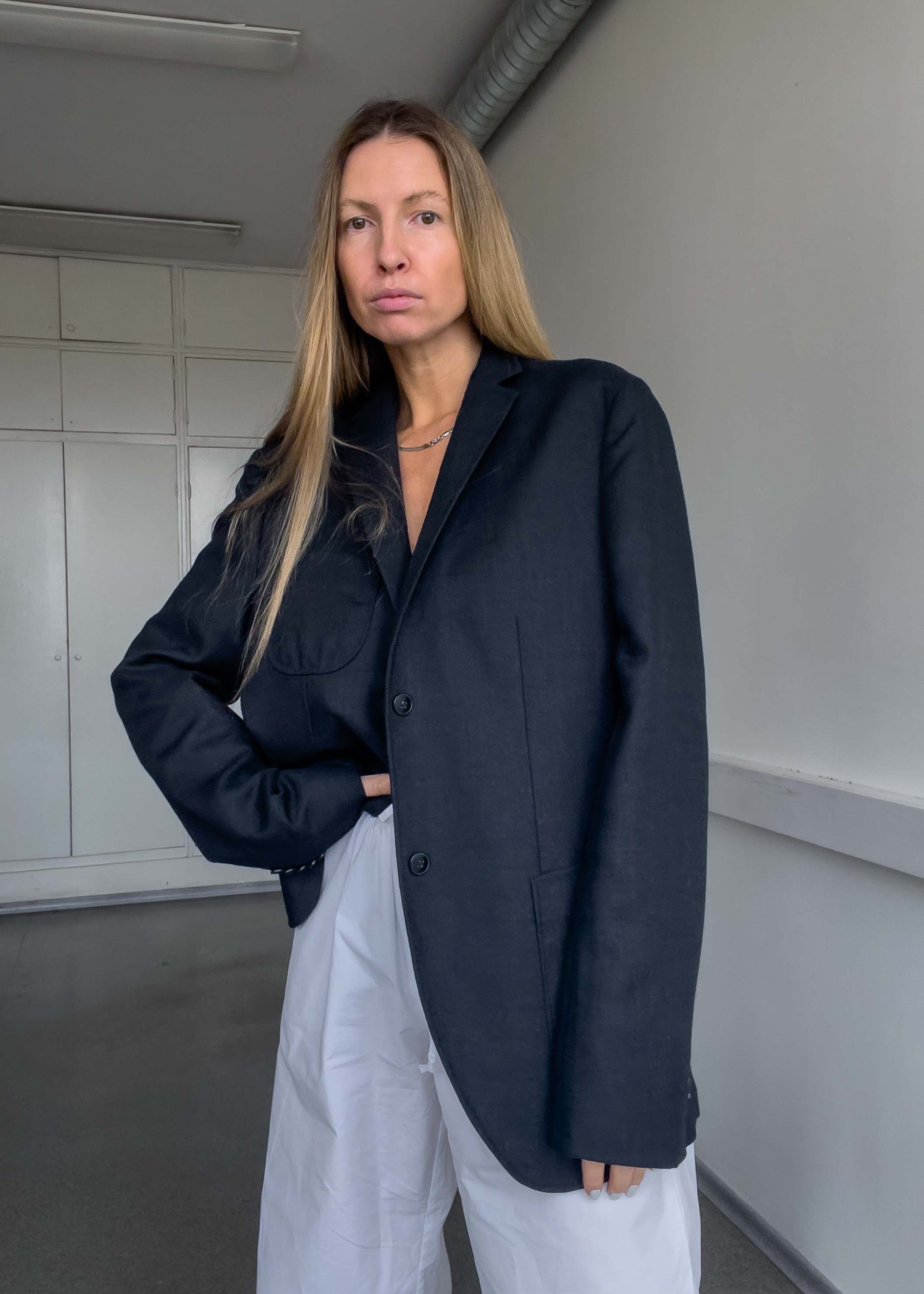 Vintage Faded Black Brushed Wool Oversized Blazer