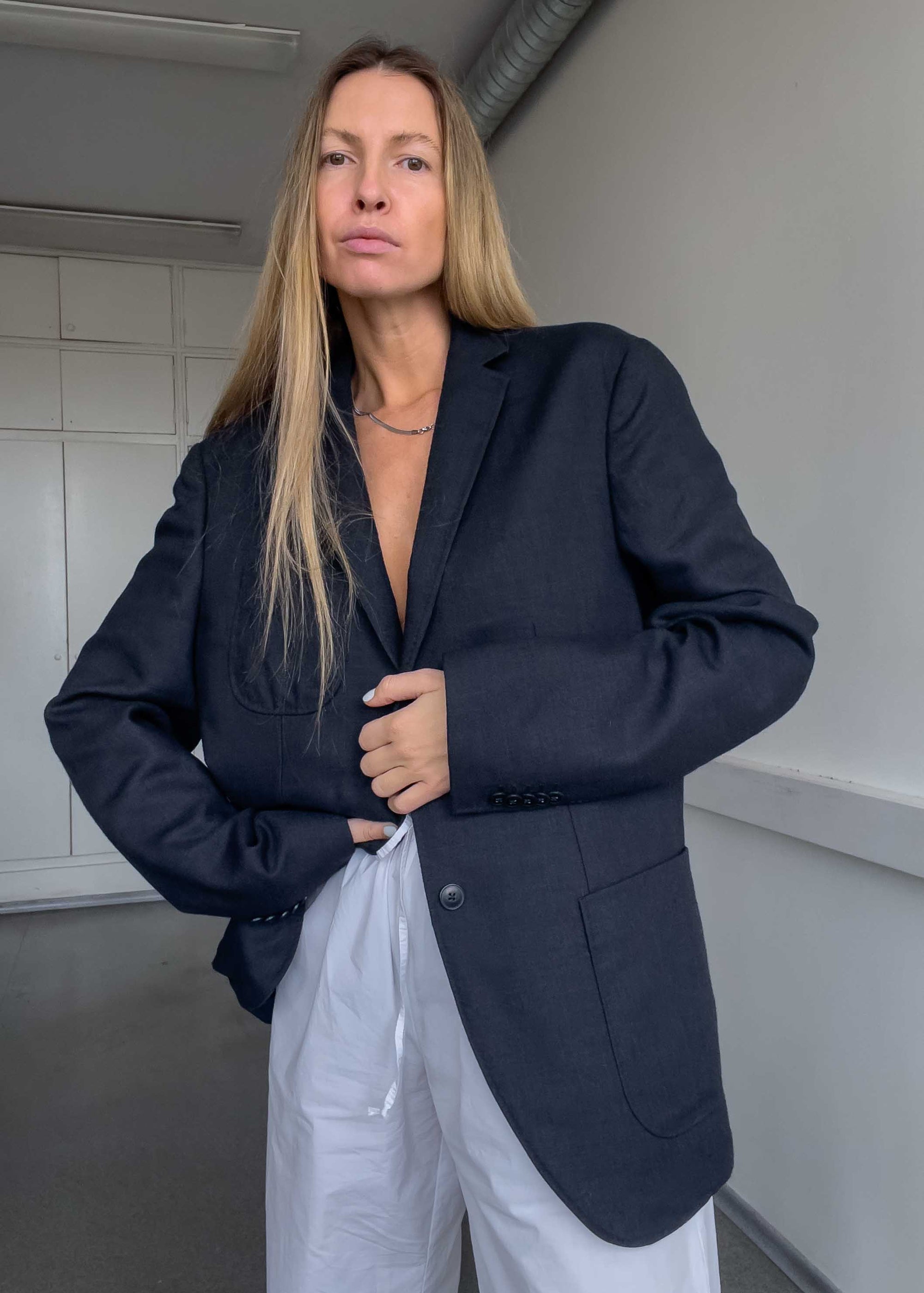 Vintage Faded Black Brushed Wool Oversized Blazer