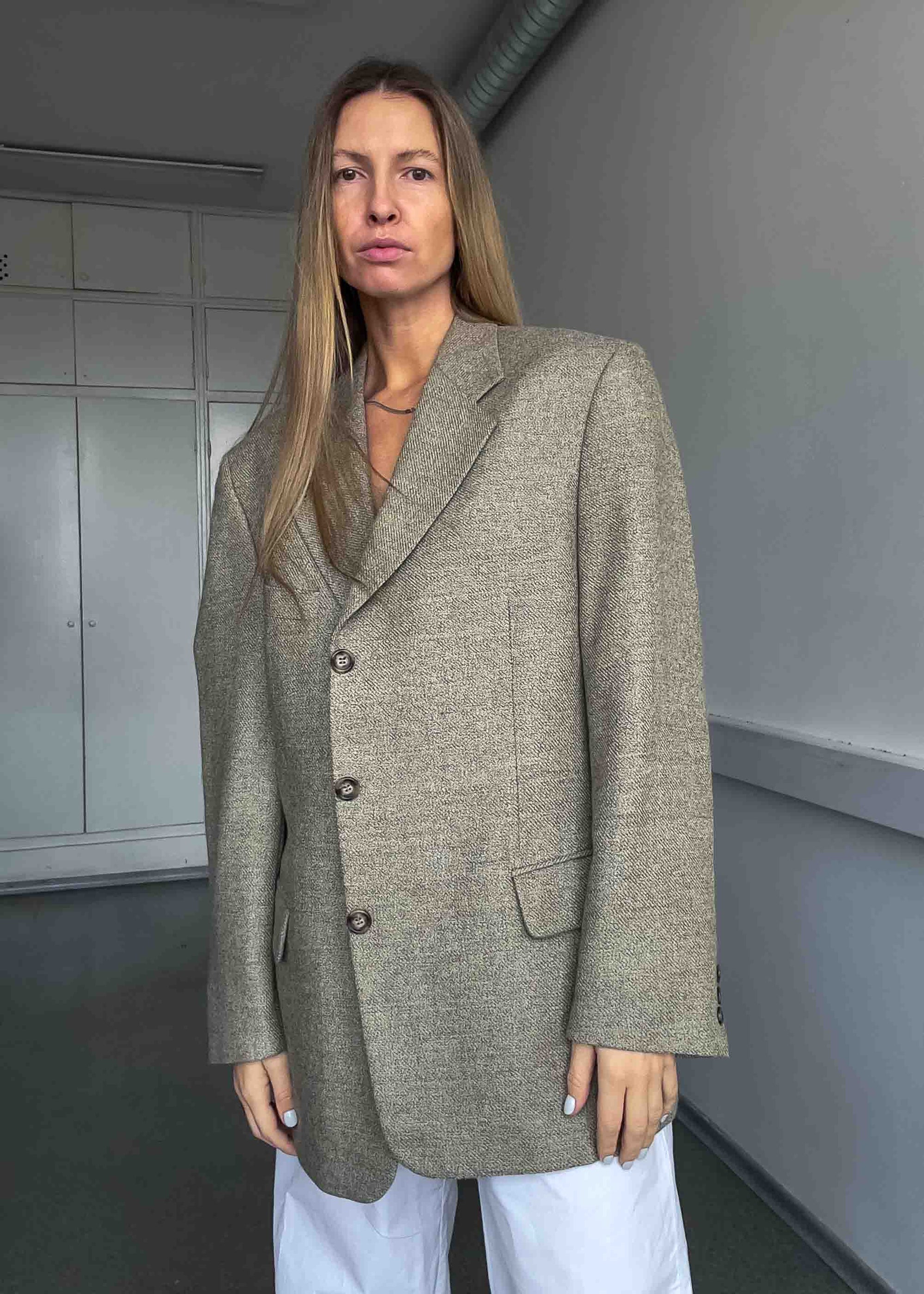 Vintage Beige Patterned Oversized 100% WOOL Blazer