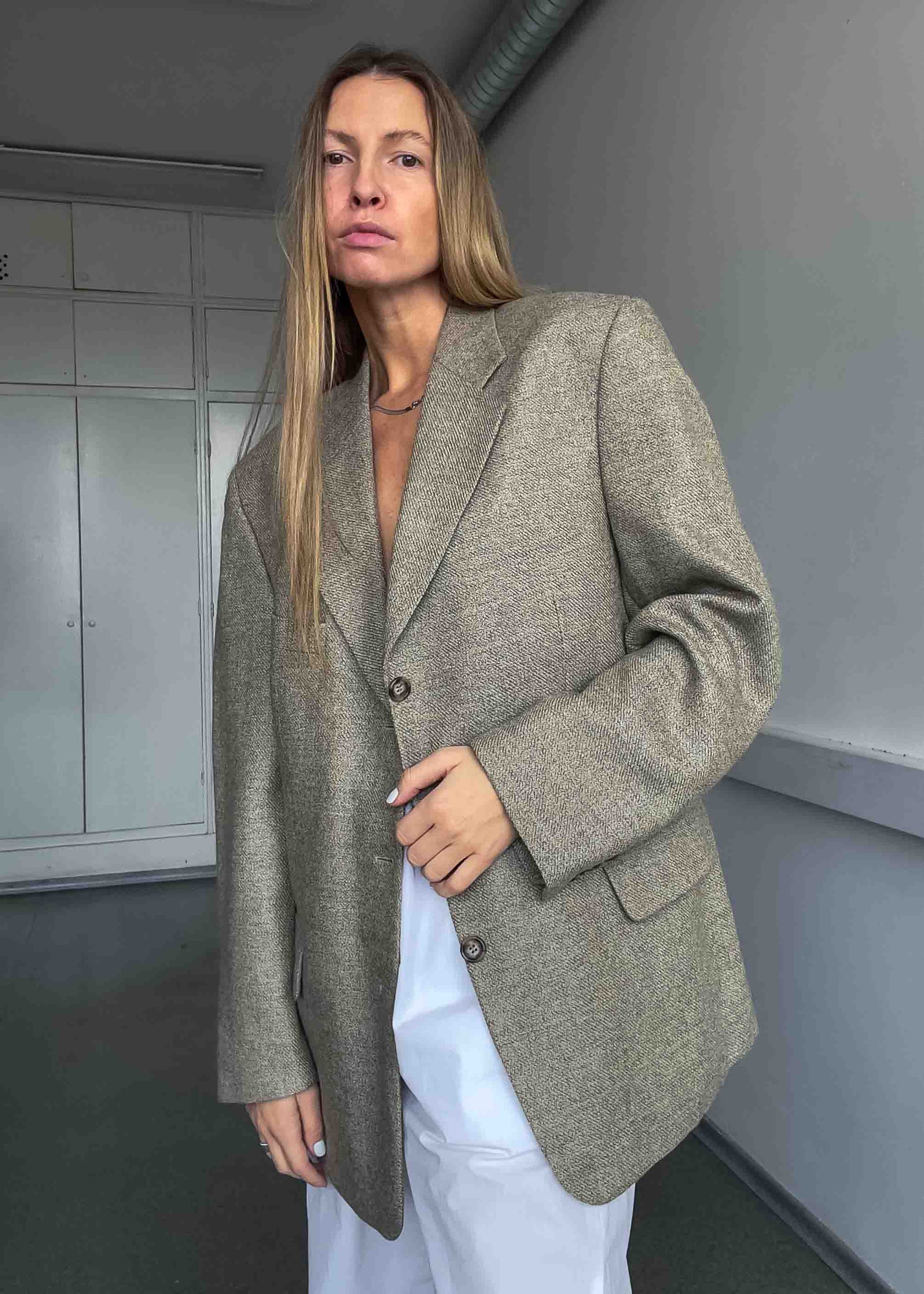 Vintage Beige Patterned Oversized 100% WOOL Blazer