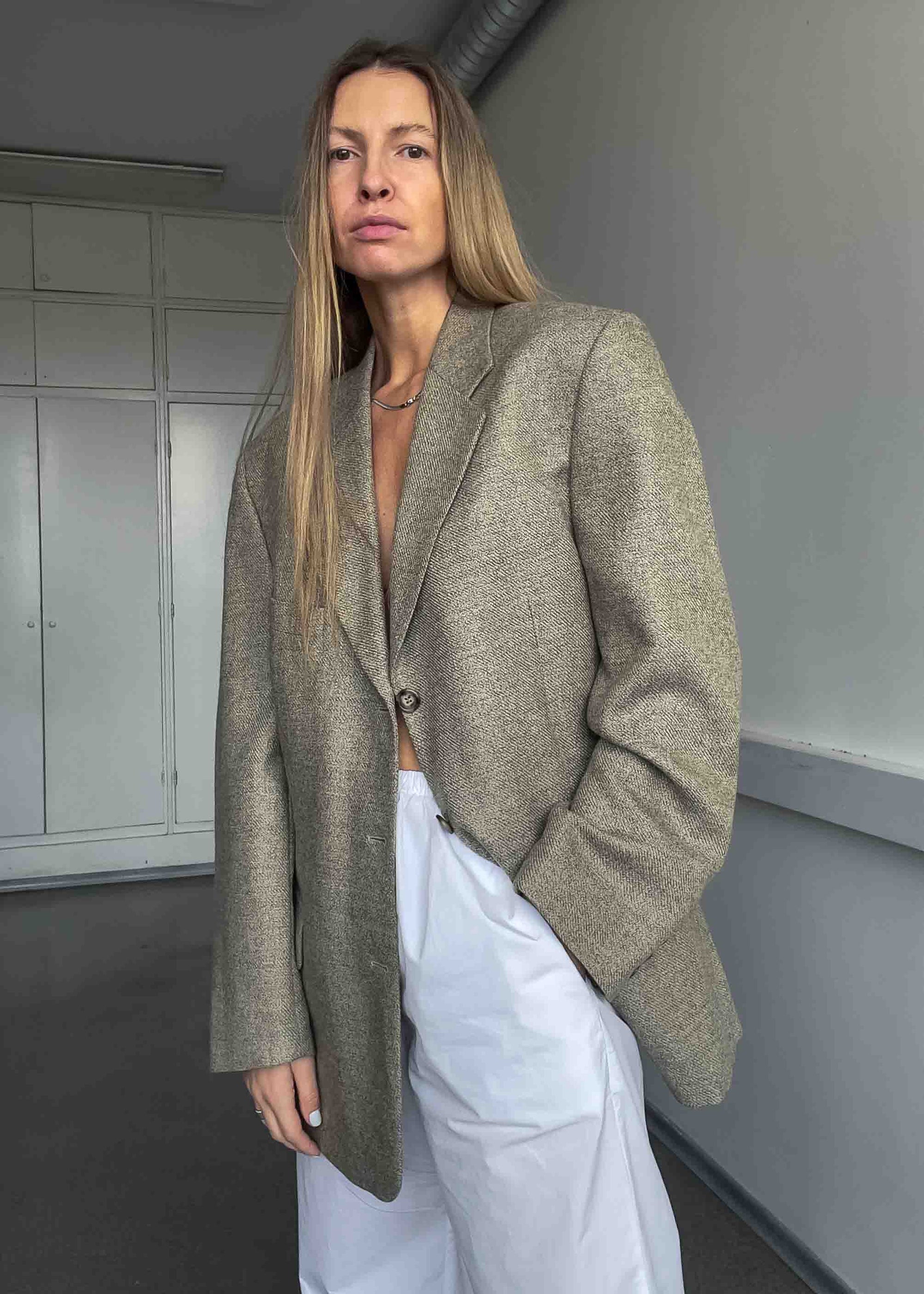 Vintage Beige Patterned Oversized 100% WOOL Blazer