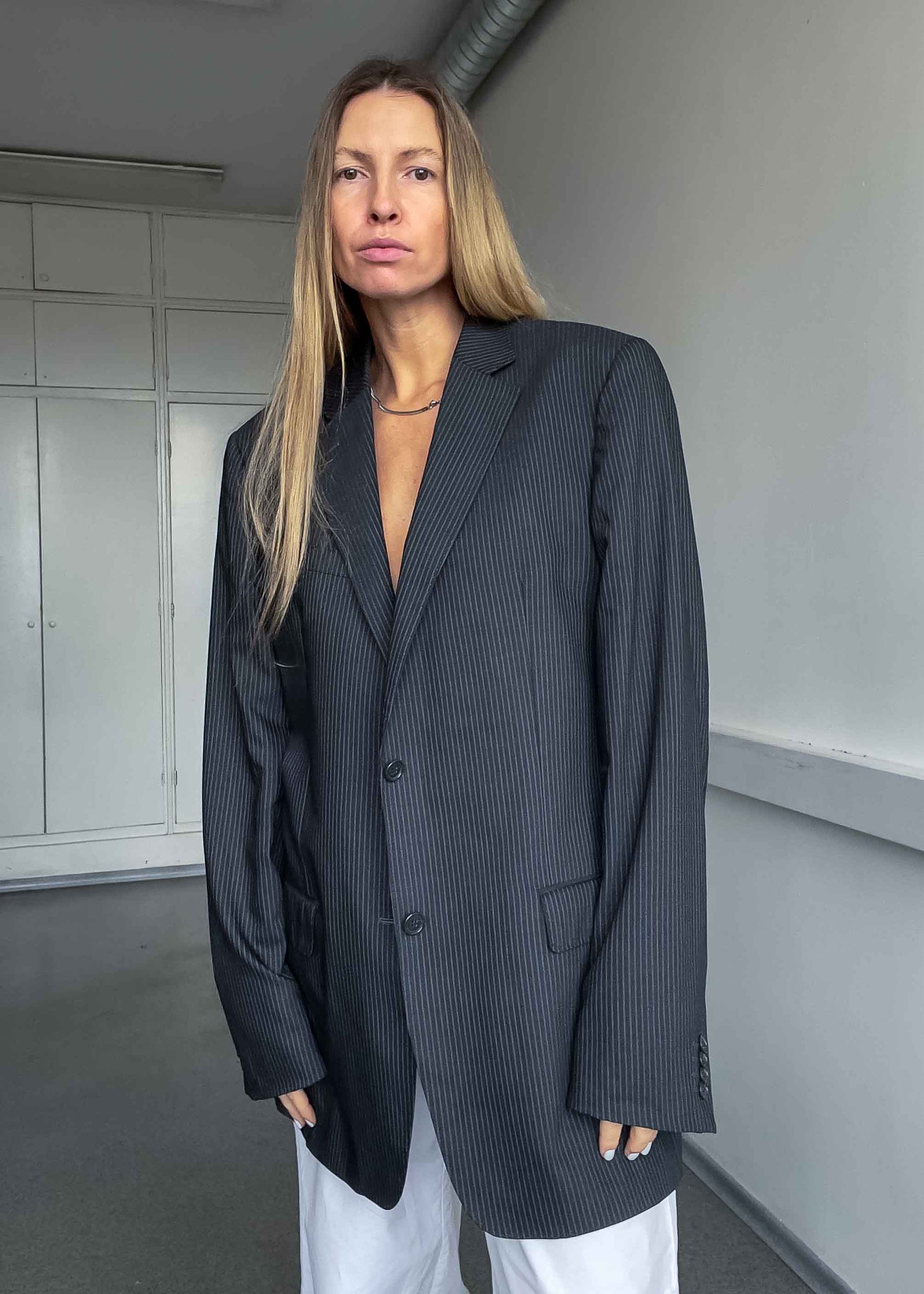 Vintage Dark Grey Striped Oversized 100% WOOL Blazer