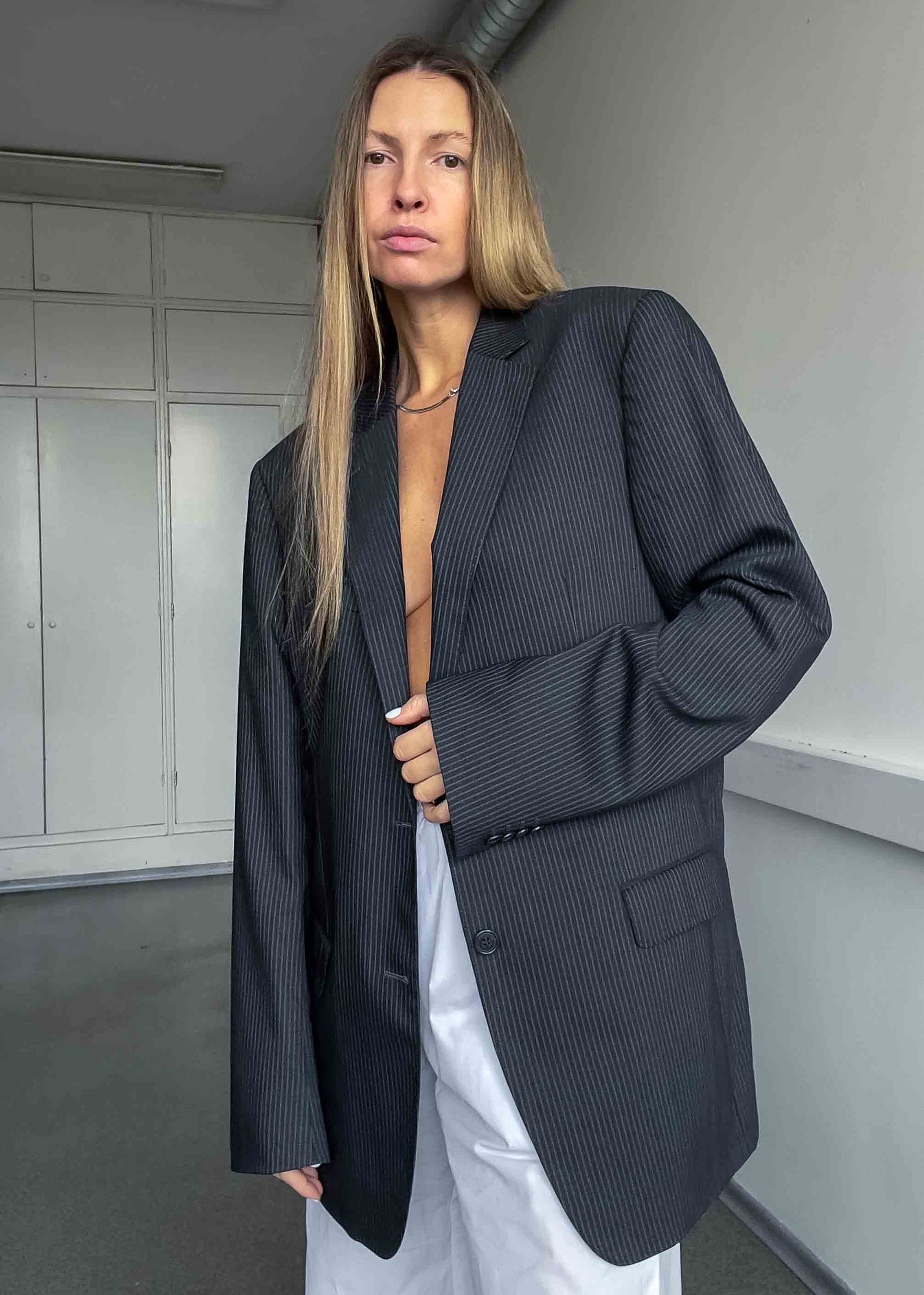 Vintage Dark Grey Striped Oversized 100% WOOL Blazer