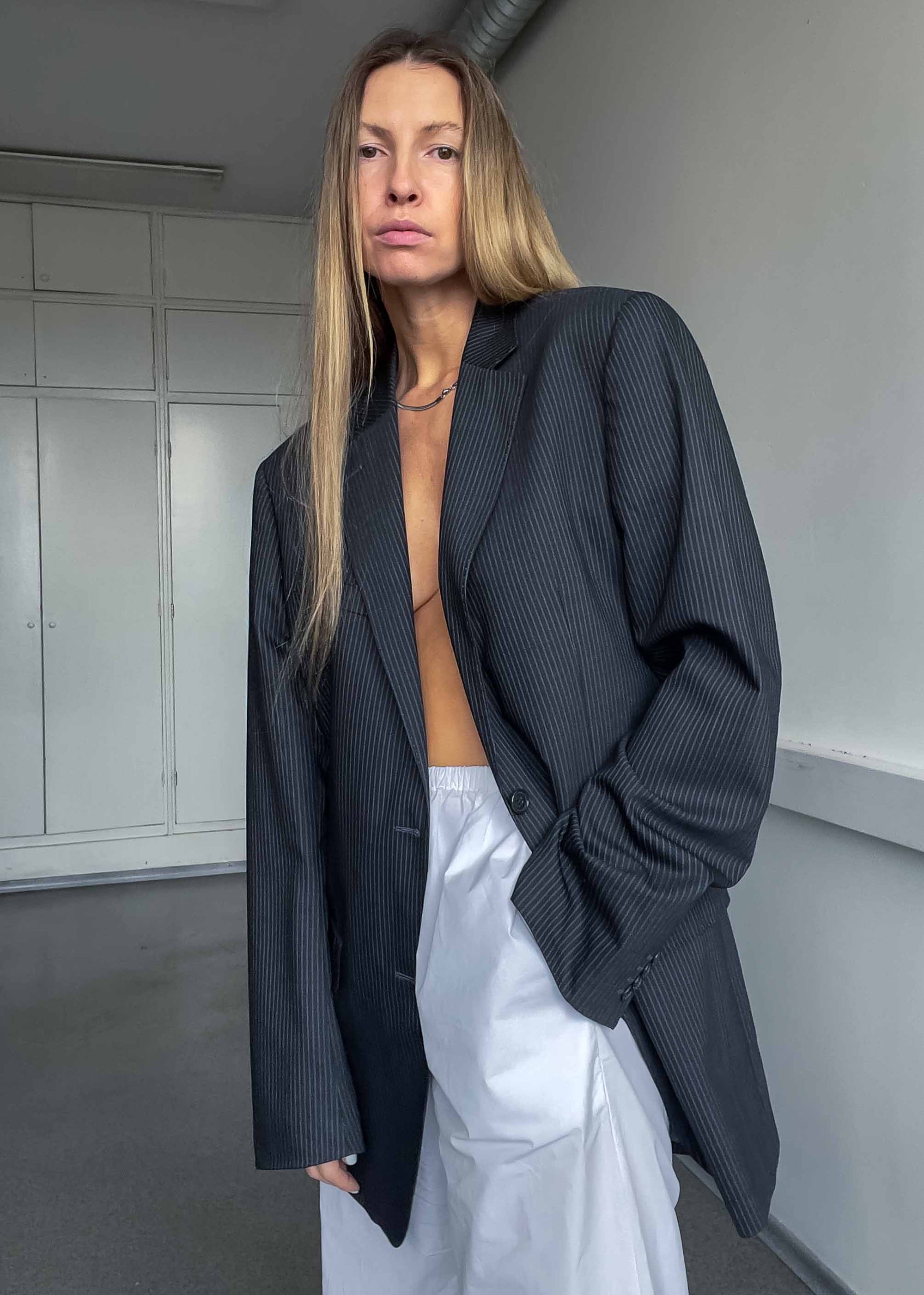 Vintage Dark Grey Striped Oversized 100% WOOL Blazer