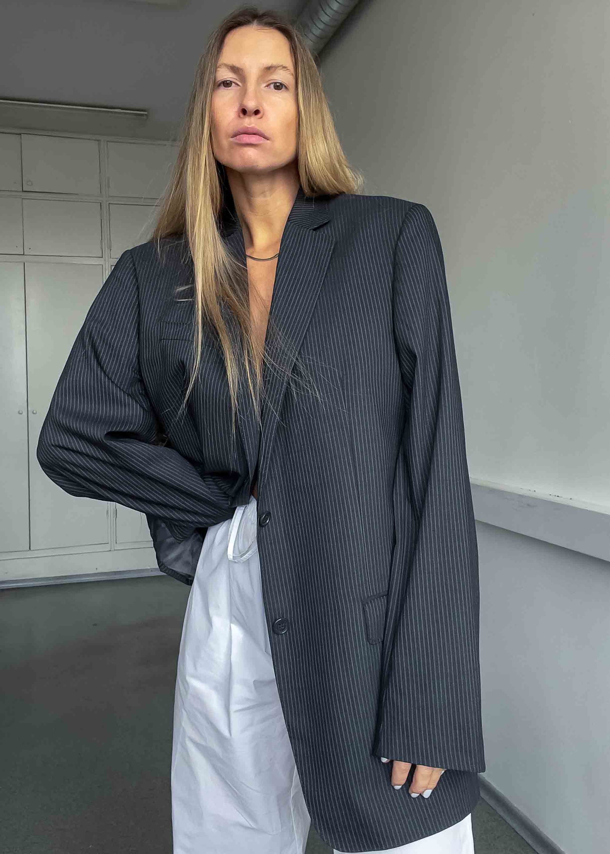 Vintage Dark Grey Striped Oversized 100% WOOL Blazer