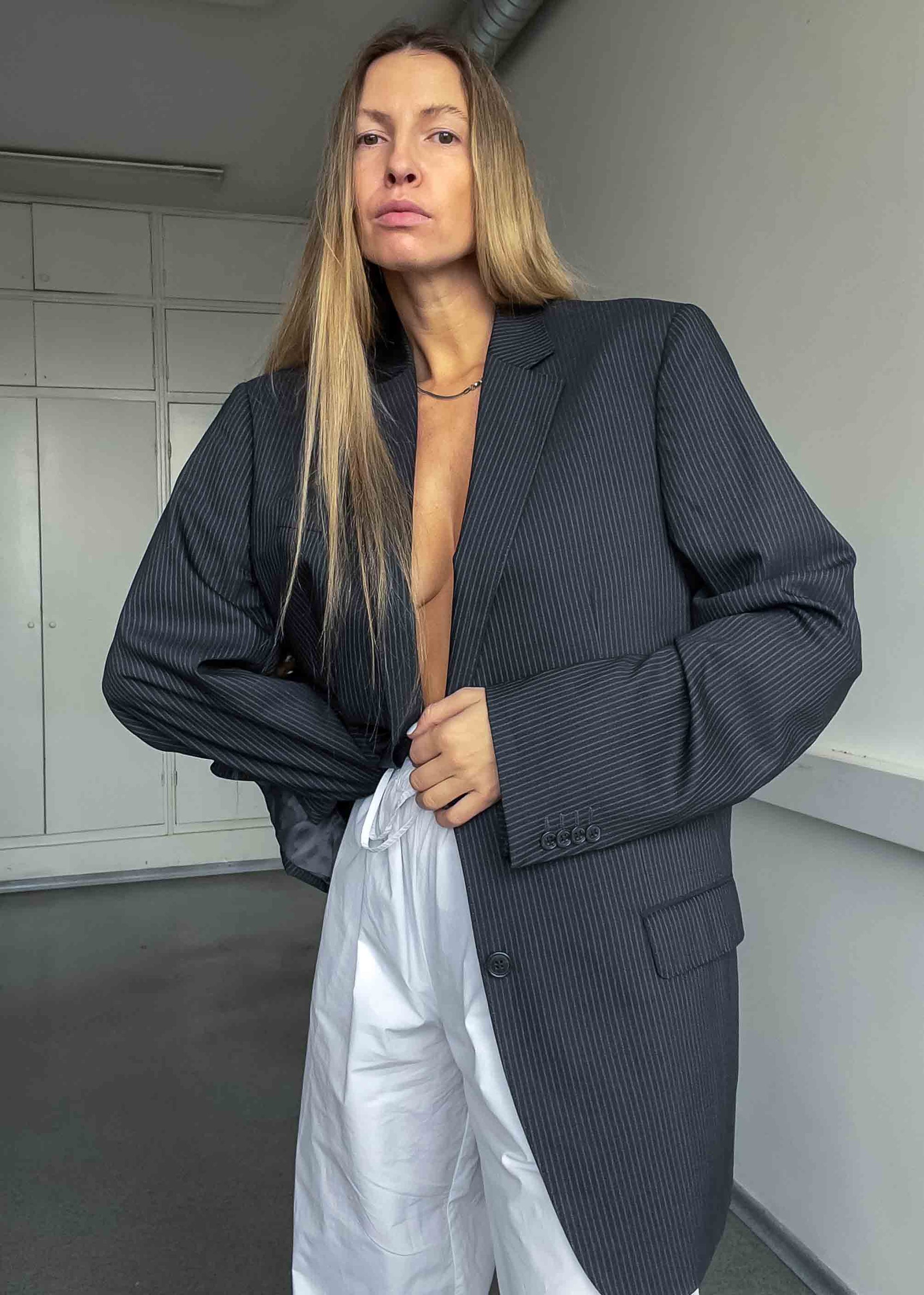 Vintage Dark Grey Striped Oversized 100% WOOL Blazer