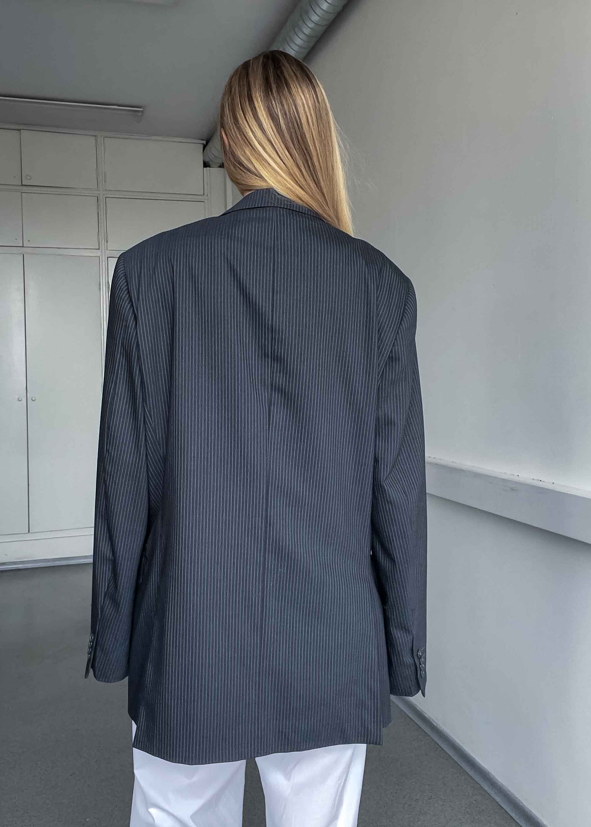 Vintage Dark Grey Striped Oversized 100% WOOL Blazer