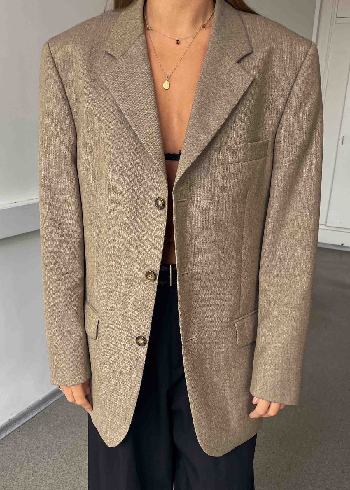 Vintage Beige Patterned Oversized 100% WOOL Blazer