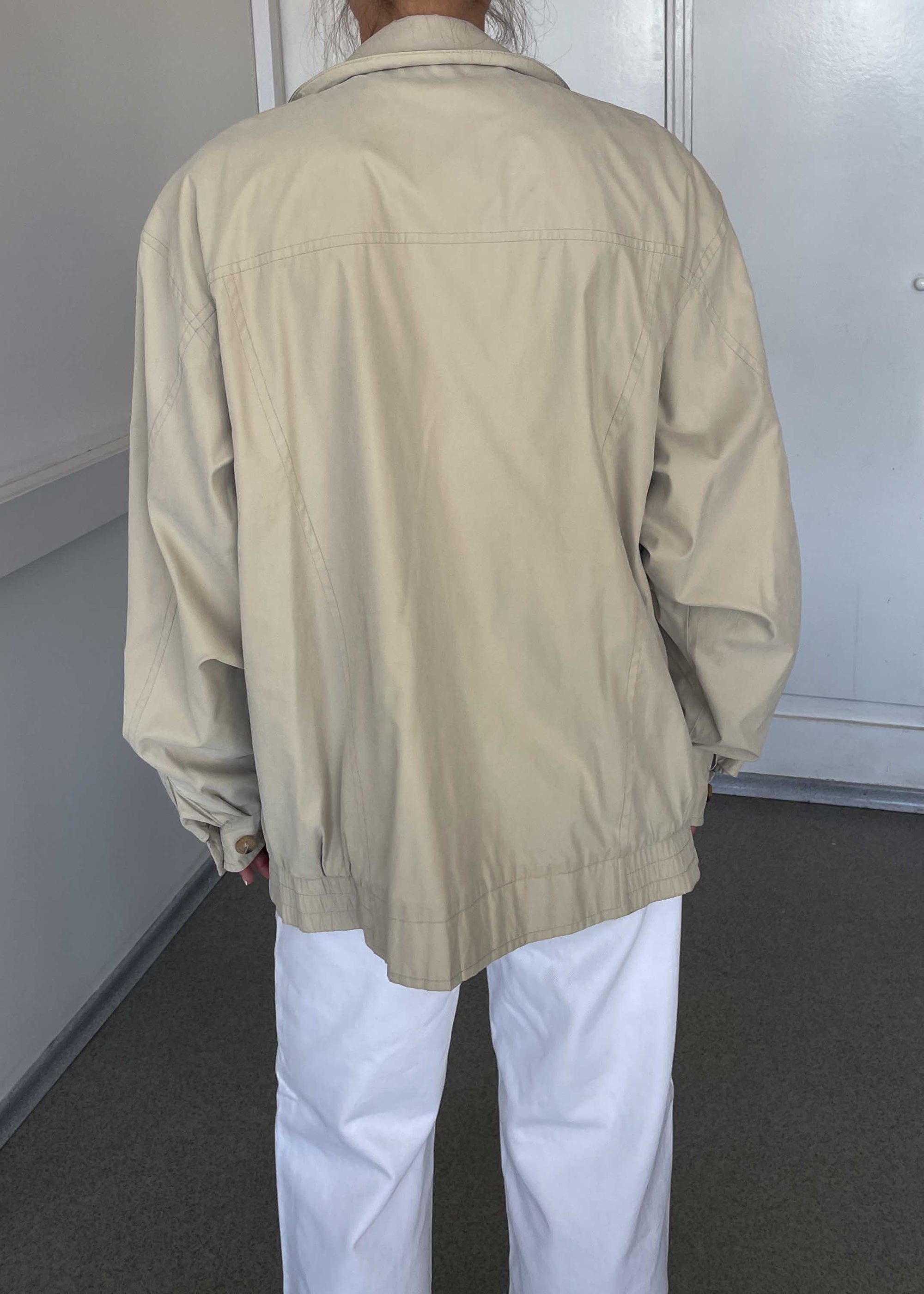 Vintage Beige-Khaki Bomber Jacket – Zip & Buttons with Double Collar