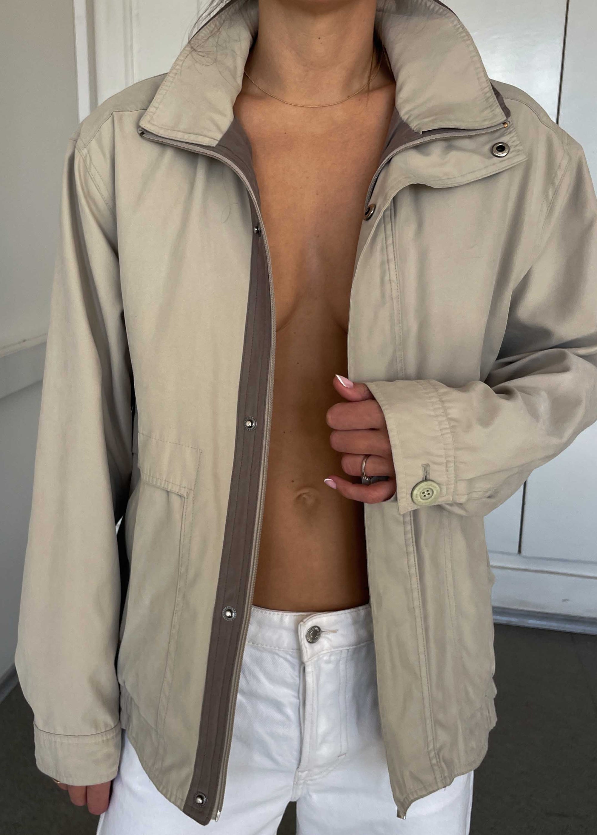 Vintage Grey Bomber Jacket – Zip & Buttons with Double Collar