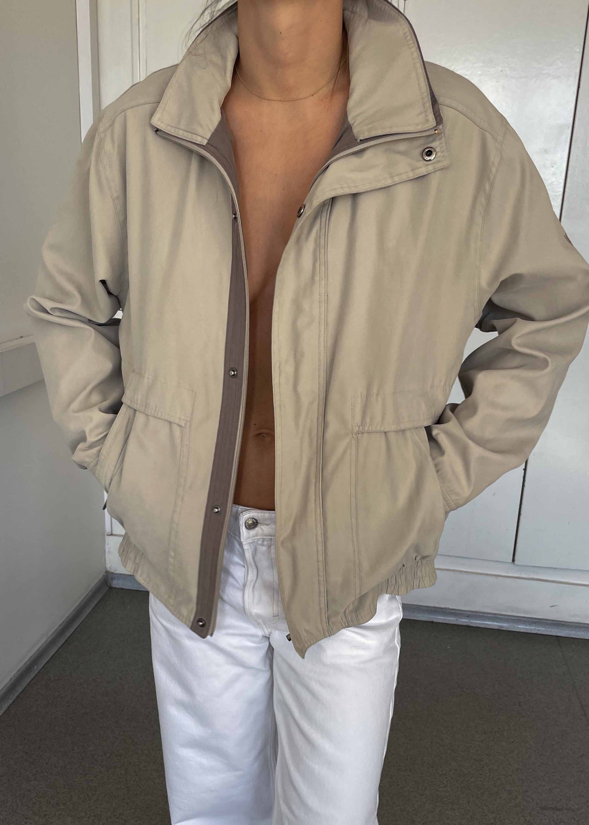 Vintage Grey Bomber Jacket – Zip & Buttons with Double Collar